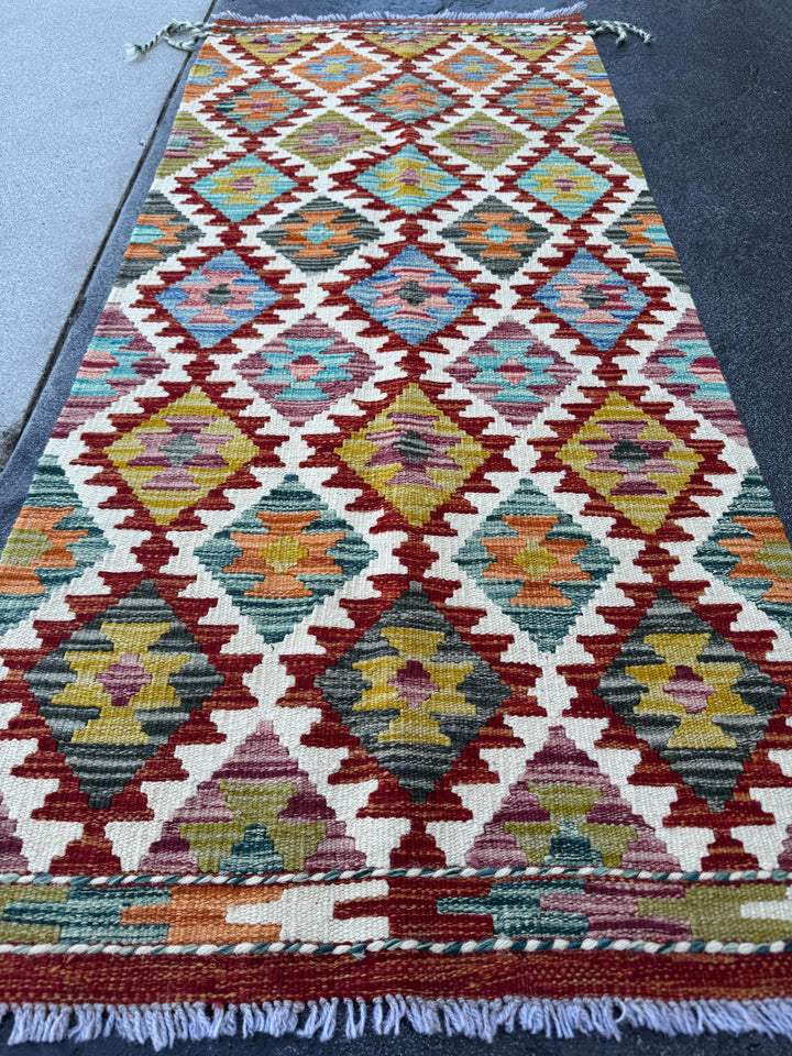 2x5 Handmade Afghan Kilim Runner Rug | Cream White Blood Red Teal Charcoal Grey Orange Olive Green Maroon Aqua Teal Denim Blue | Flatwoven