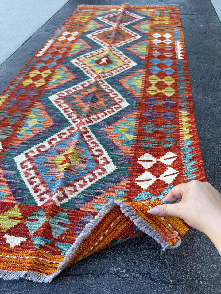 3x7 (100x200) Handmade Afghan Kilim Runner Rug | Blood Red Orange Moss Olive Green Denim Blue Eggplant Purple Grey Ivory Teal | Wool Turkish