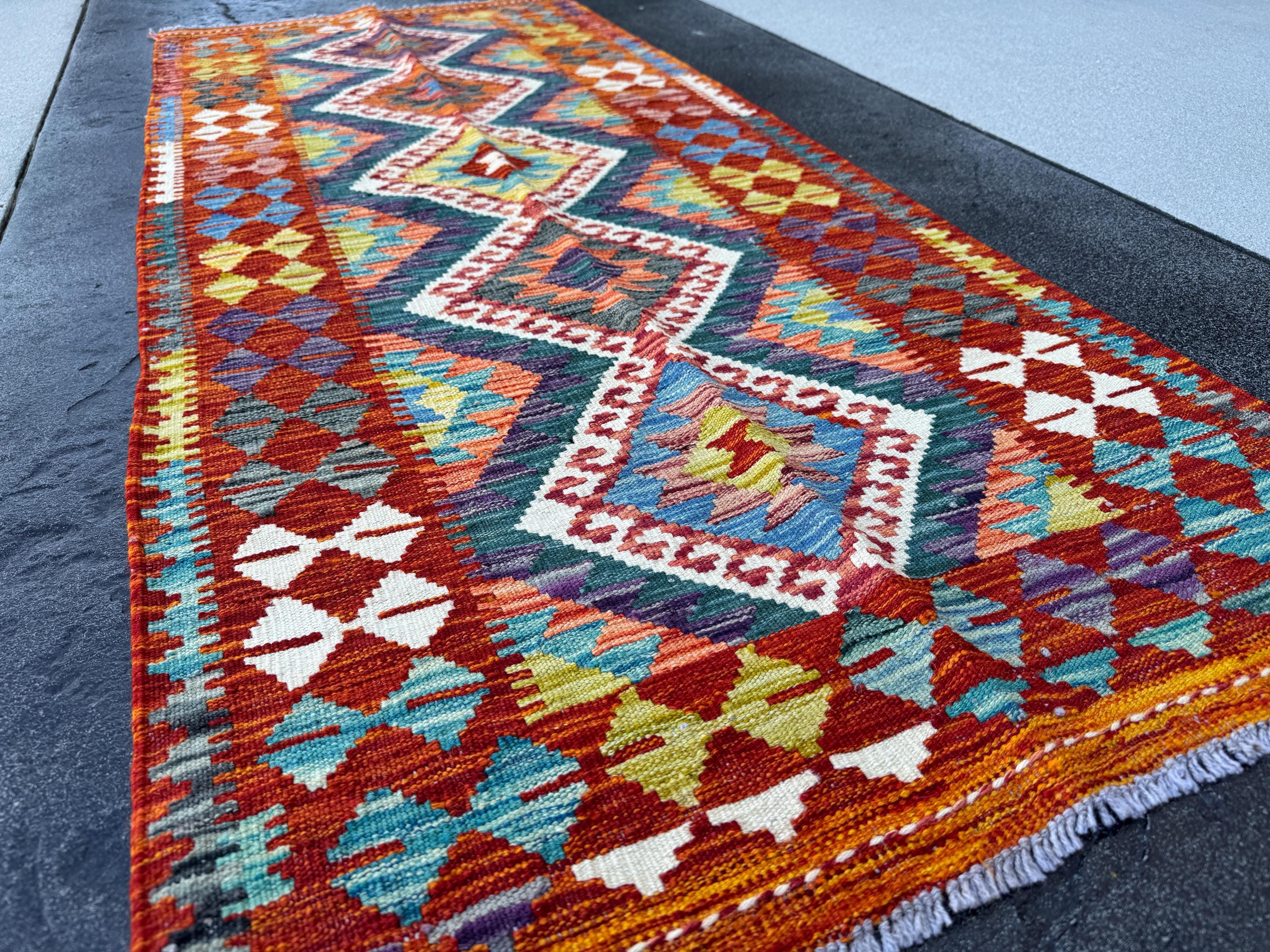 3x7 (100x200) Handmade Afghan Kilim Runner Rug | Blood Red Orange Moss Olive Green Denim Blue Eggplant Purple Grey Ivory Teal | Wool Turkish
