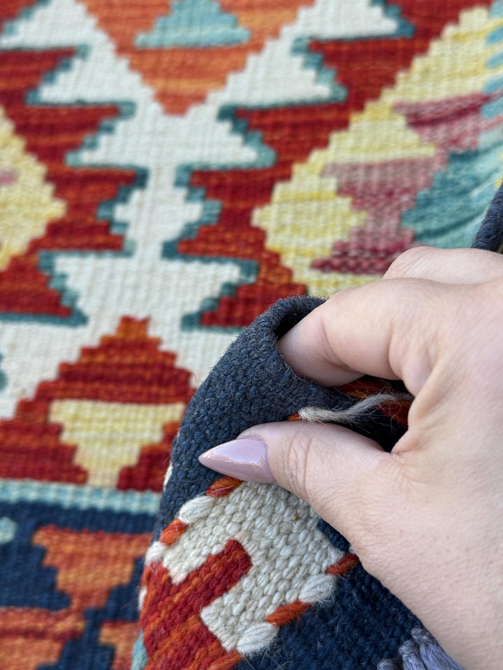 2x5 Handmade Afghan Kilim Runner Rug | Cream White Rust Orange Yellow Red Teal Midnight Blue | Wool Flatwoven