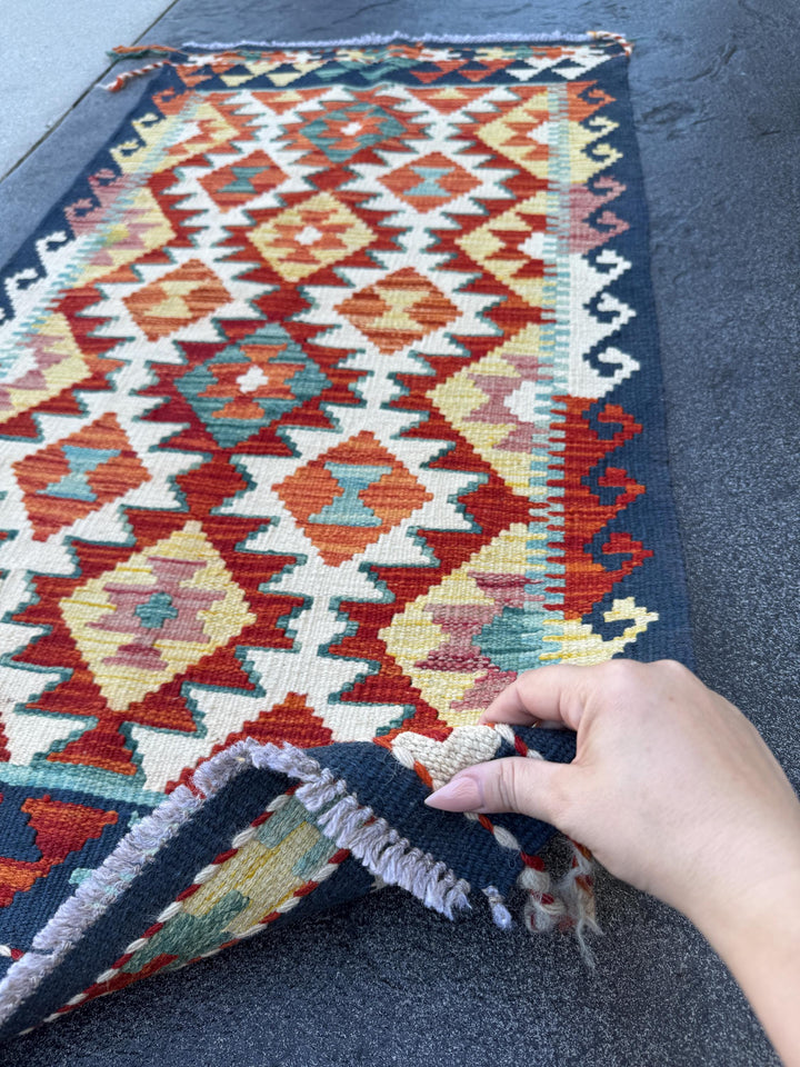 2x5 Handmade Afghan Kilim Runner Rug | Cream White Rust Orange Yellow Red Teal Midnight Blue | Wool Flatwoven