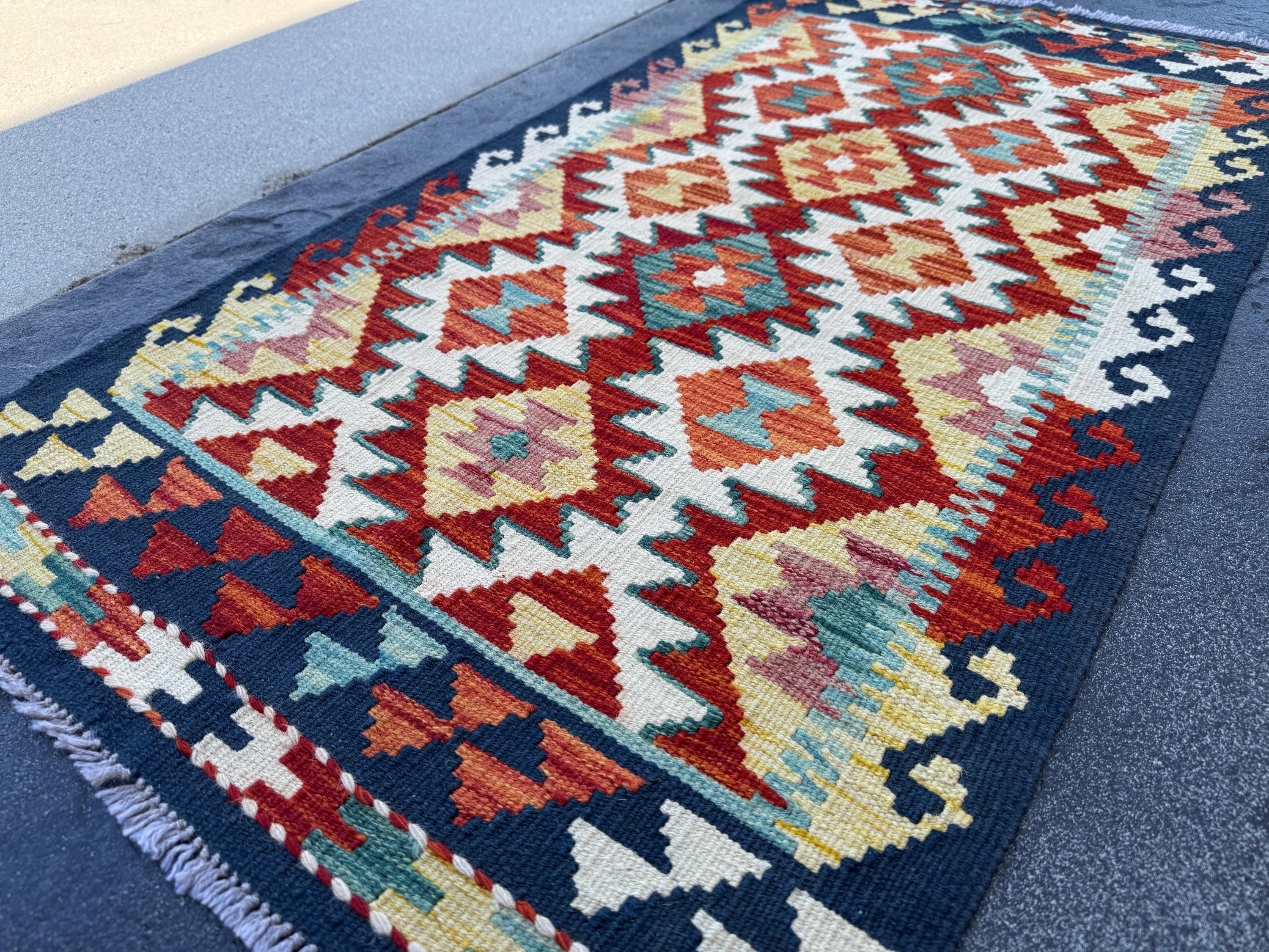 2x5 Handmade Afghan Kilim Runner Rug | Cream White Rust Orange Yellow Red Teal Midnight Blue | Wool Flatwoven