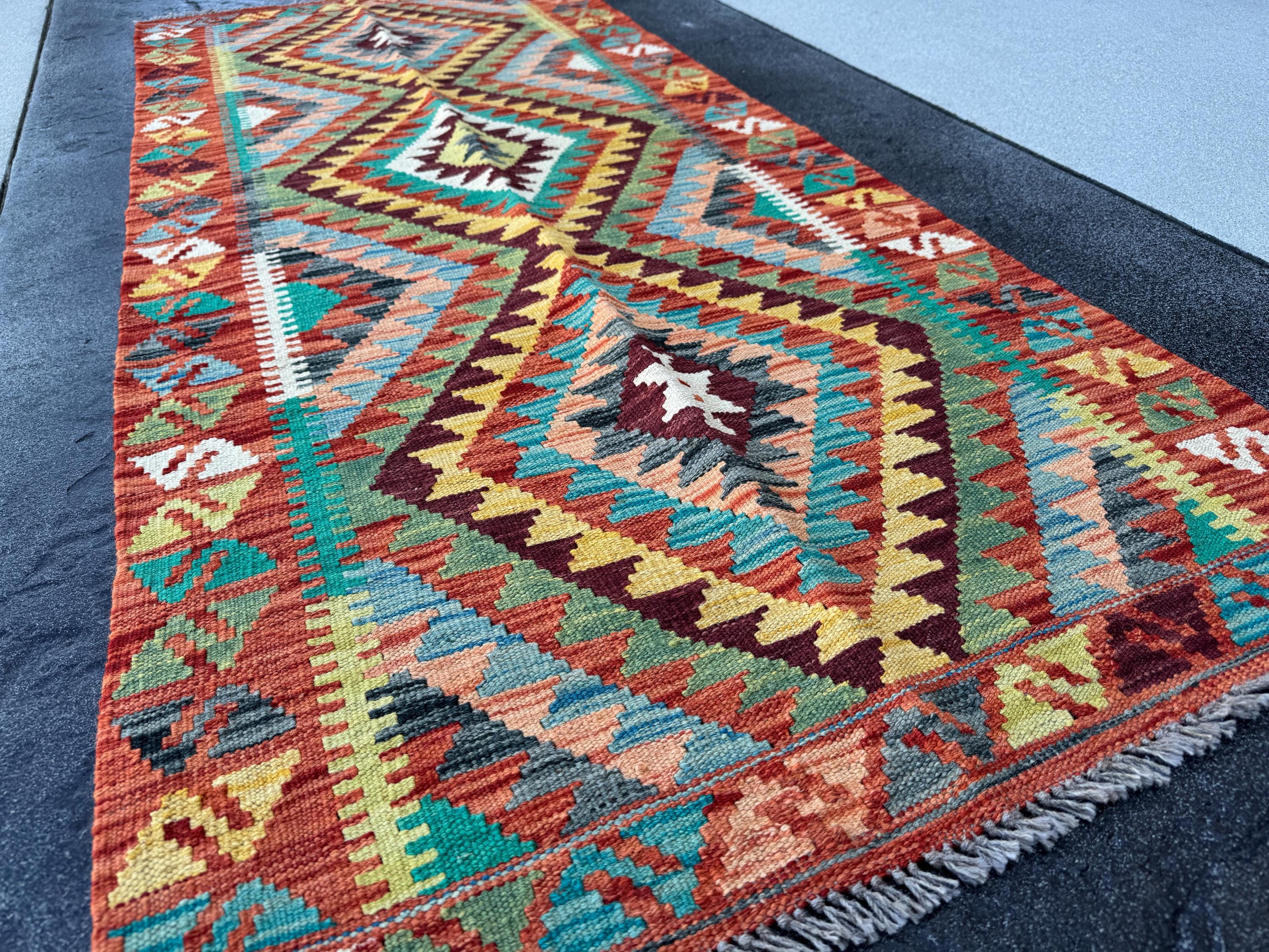 3x7 (100x200) Handmade Afghan Kilim Runner Rug | Burnt Orange Maroon Teal Beige Denim Blue Olive Moss Green Ivory Turquoise | Wool Turkish