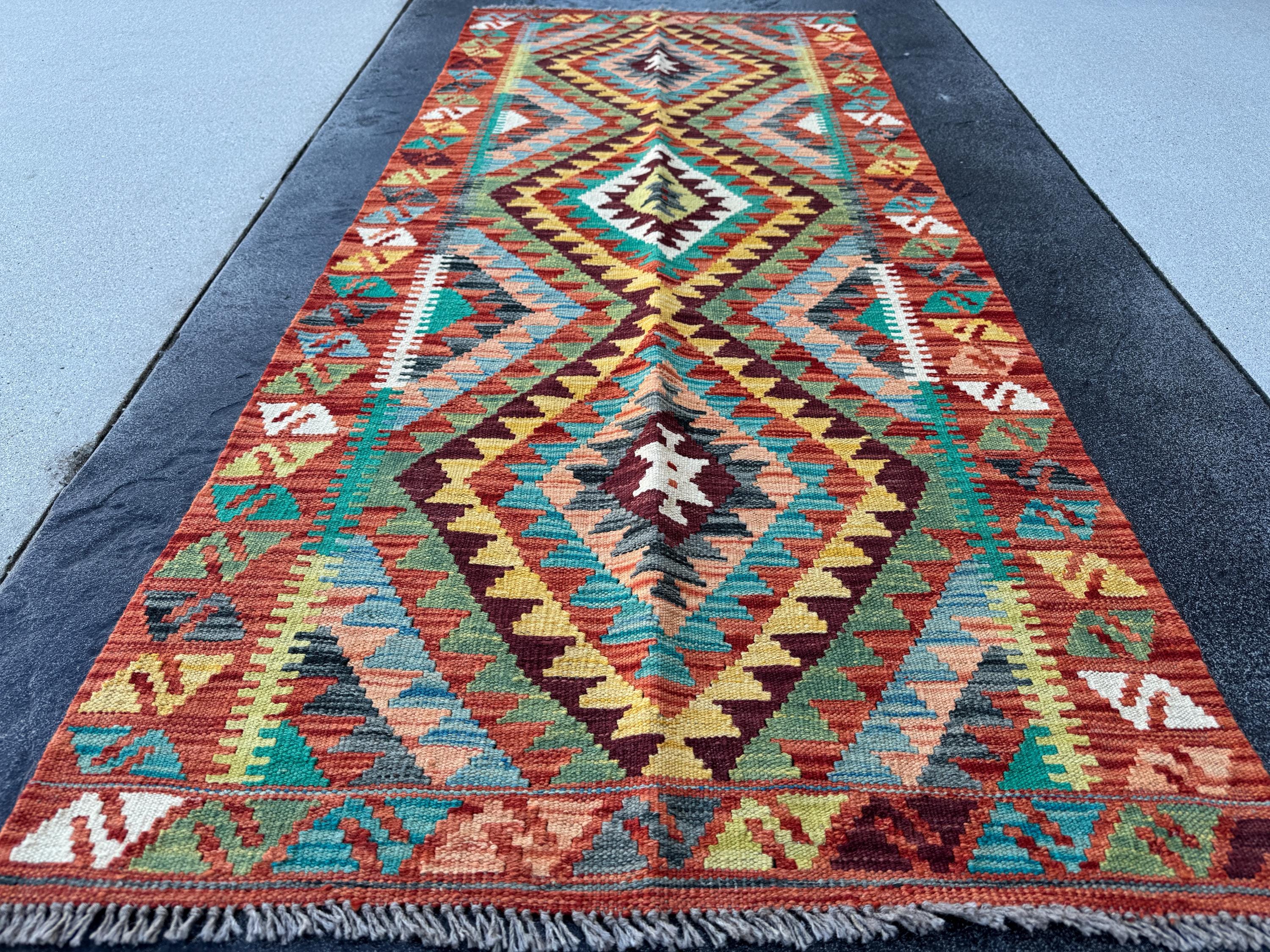 3x7 (100x200) Handmade Afghan Kilim Runner Rug | Burnt Orange Maroon Teal Beige Denim Blue Olive Moss Green Ivory Turquoise | Wool Turkish