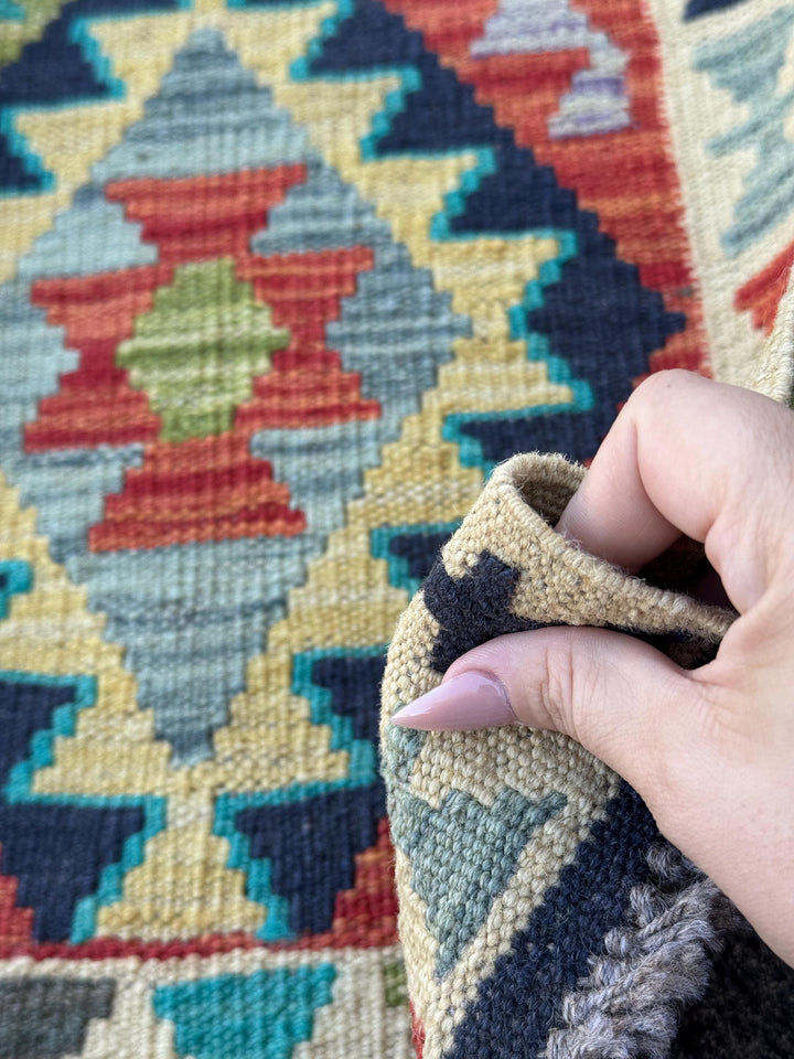 3x7 (100x200) Handmade Afghan Kilim Runner Rug | Cream Orange Midnight Blue Turquoise Olive Moss Green Grey Black Purple | Wool Turkish
