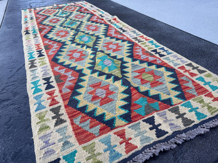 3x7 (100x200) Handmade Afghan Kilim Runner Rug | Cream Orange Midnight Blue Turquoise Olive Moss Green Grey Black Purple | Wool Turkish