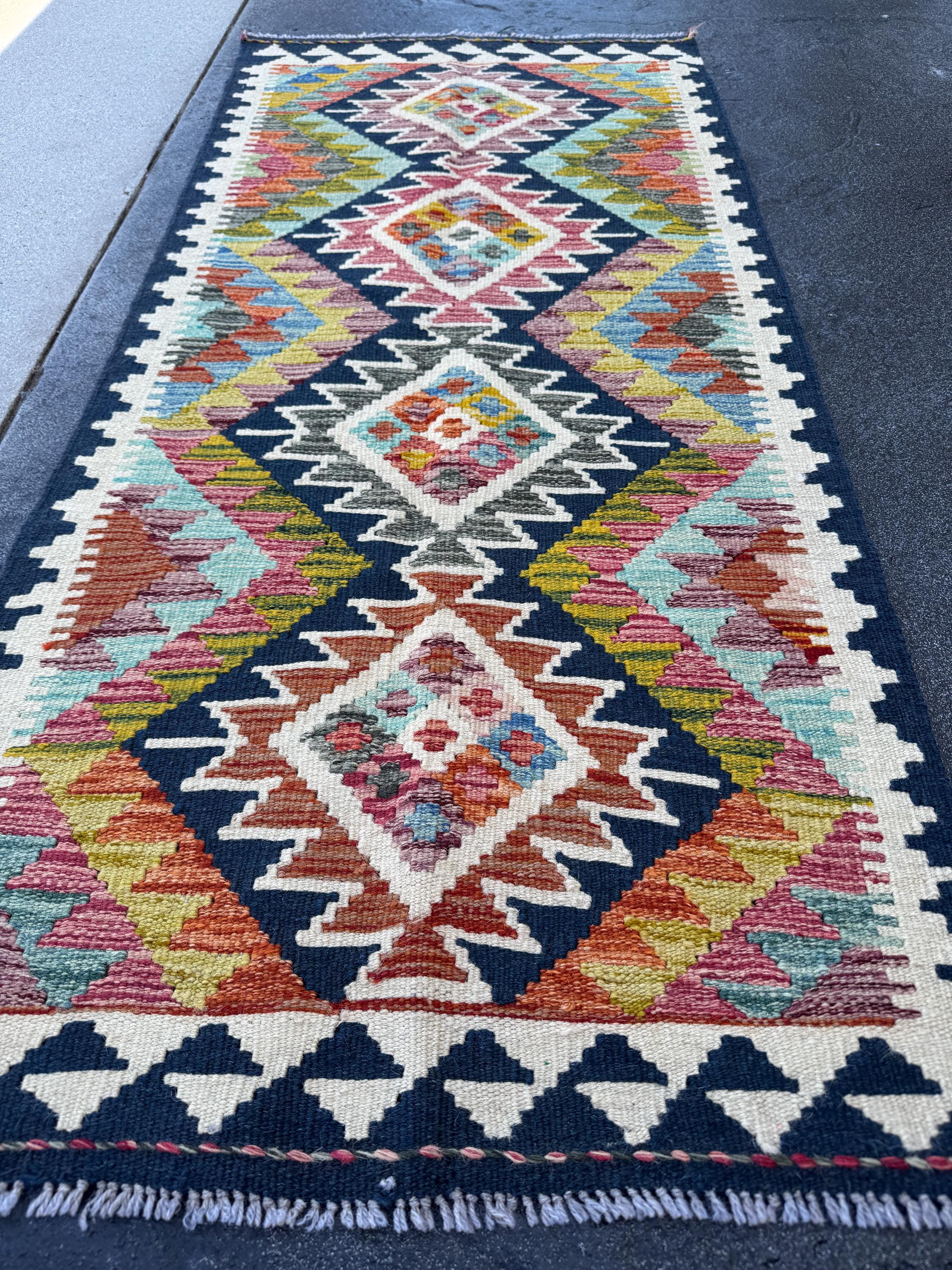 2x5 Handmade Afghan Kilim Runner Rug | Midnight Blue Olive Moss Green Teal Aqua Red Charcoal Grey Cream White Gold Denim | Wool Flatwoven