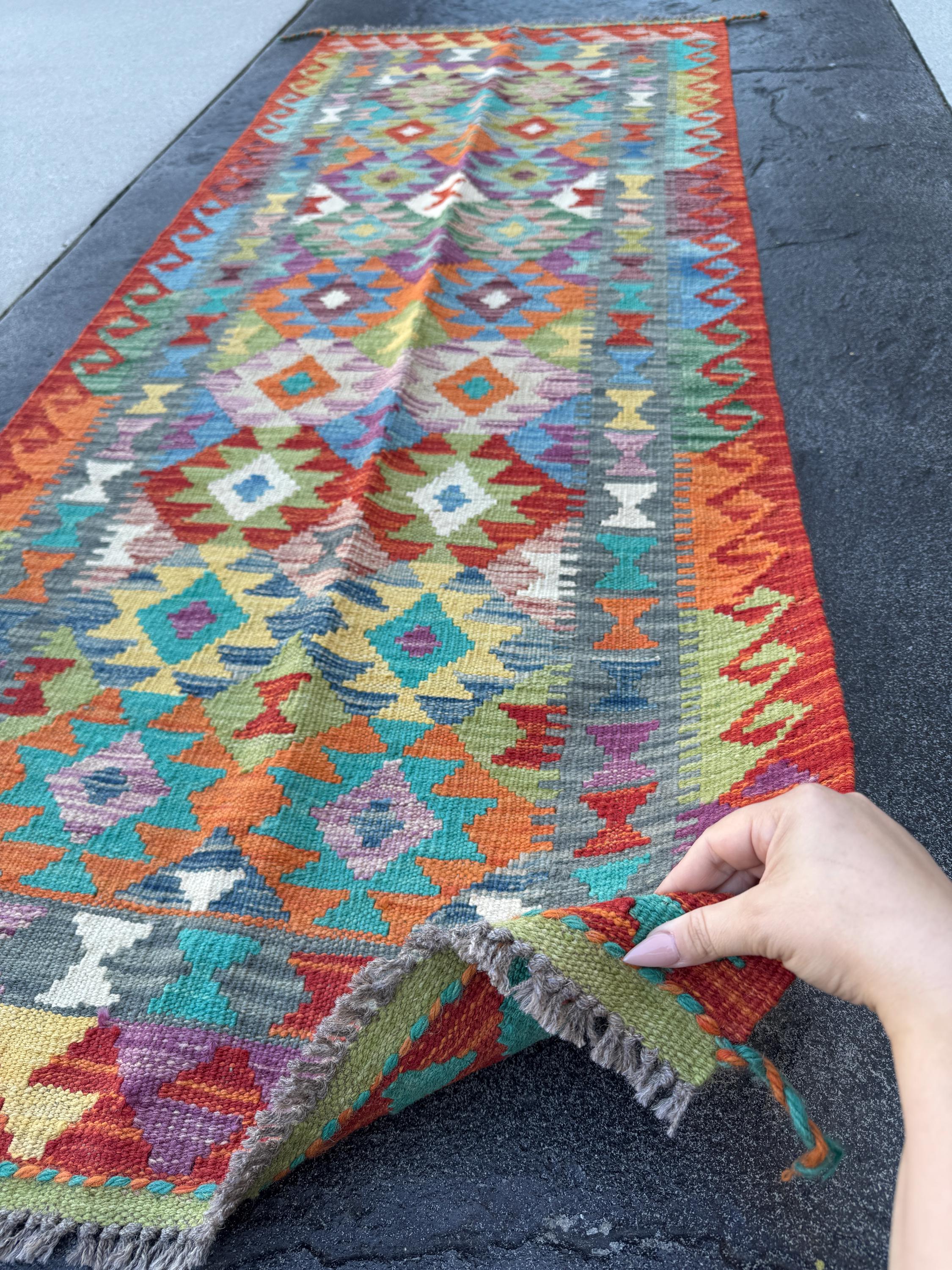 3x7 (100x200) Handmade Afghan Kilim Runner Rug | Burnt Orange Red Purple Teal Beige Denim Sky Blue Olive Moss Green Ivory | Wool Turkish