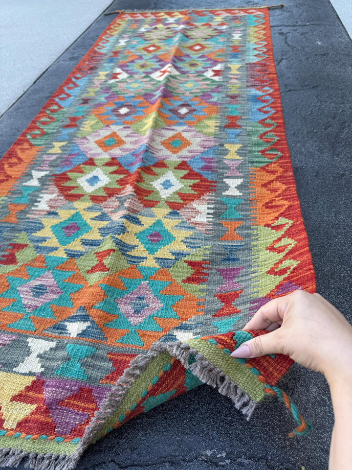 3x7 (100x200) Handmade Afghan Kilim Runner Rug | Burnt Orange Red Purple Teal Beige Denim Sky Blue Olive Moss Green Ivory | Wool Turkish
