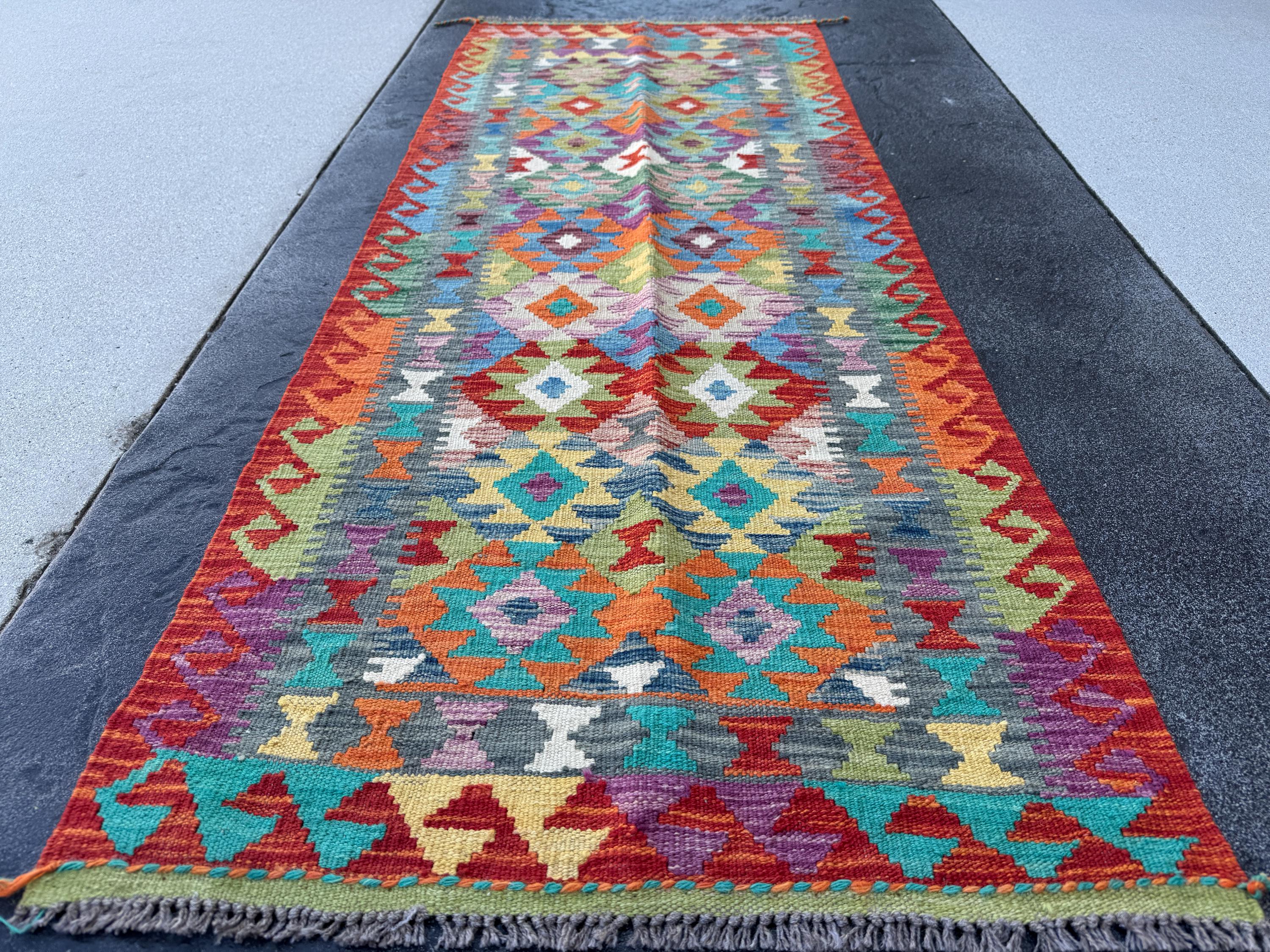 3x7 (100x200) Handmade Afghan Kilim Runner Rug | Burnt Orange Red Purple Teal Beige Denim Sky Blue Olive Moss Green Ivory | Wool Turkish