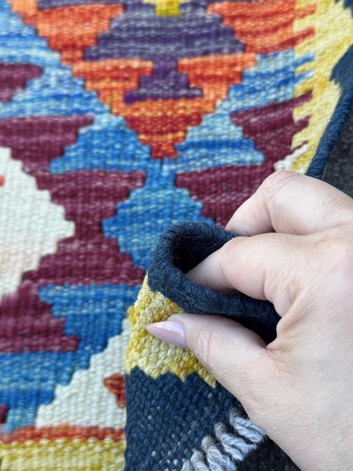 2x5 Handmade Afghan Kilim Runner Rug | Midnight Denim Royal Aqua Blue Teal Cream White Rust Burnt Orange Maroon Yellow Purple | Wool