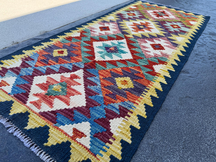 2x5 Handmade Afghan Kilim Runner Rug | Midnight Denim Royal Aqua Blue Teal Cream White Rust Burnt Orange Maroon Yellow Purple | Wool