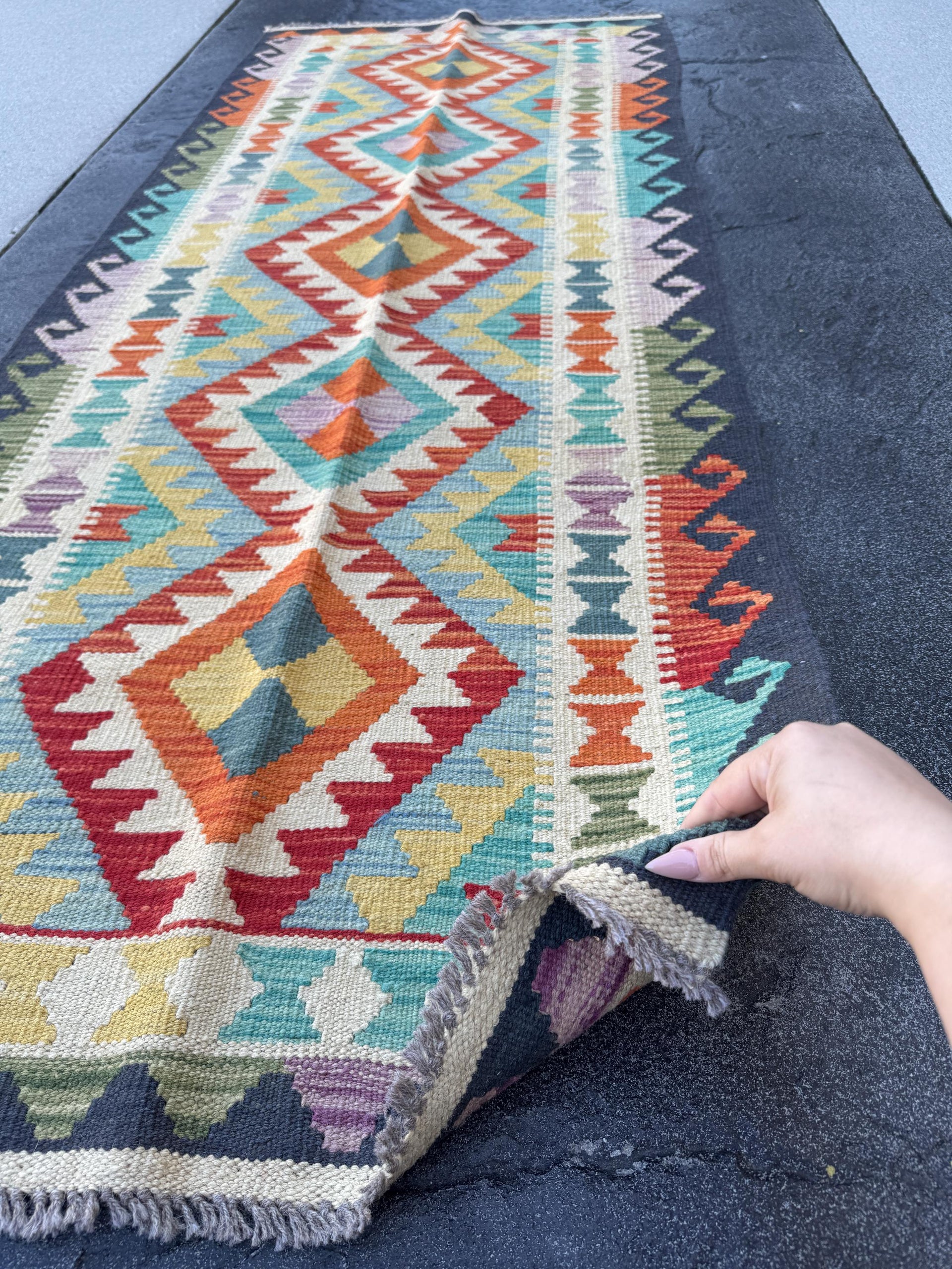 3x7 (100x200) Handmade Afghan Kilim Runner Rug | Cream Blood Orange Midnight Light Blue Olive Moss Green Black Light Purple | Wool Turkish