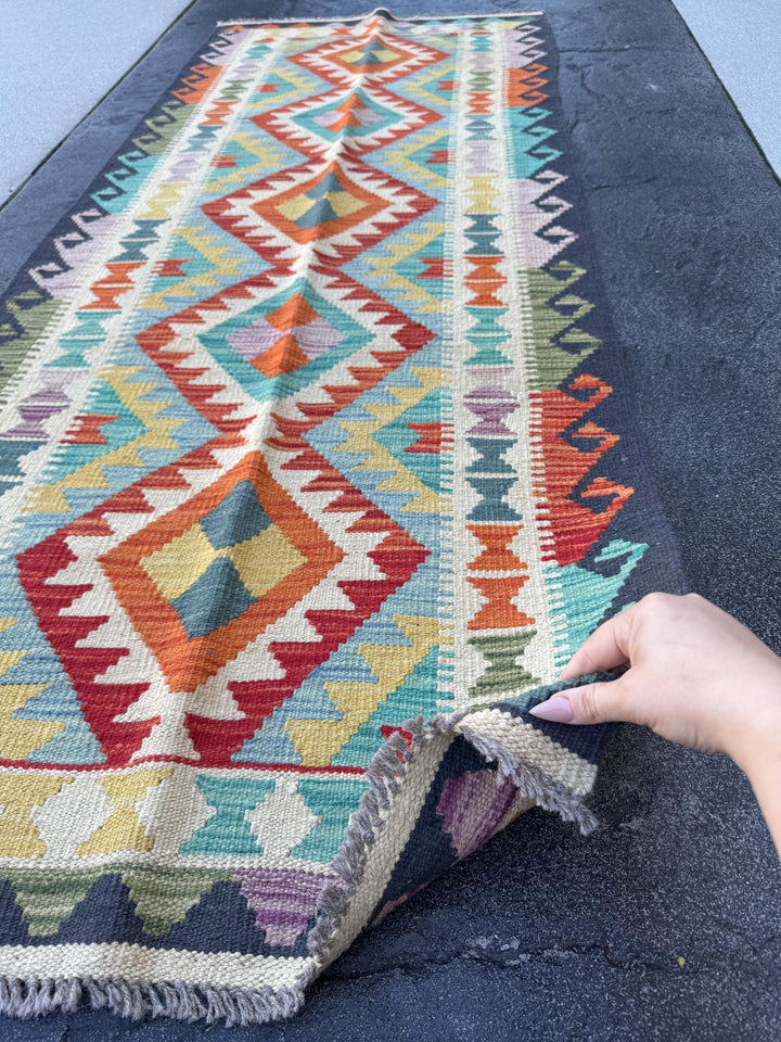 3x7 (100x200) Handmade Afghan Kilim Runner Rug | Cream Blood Orange Midnight Light Blue Olive Moss Green Black Light Purple | Wool Turkish
