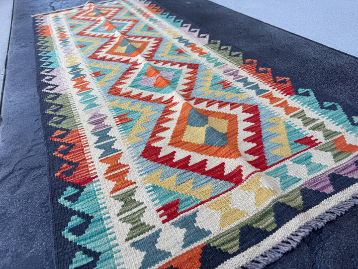 3x7 (100x200) Handmade Afghan Kilim Runner Rug | Cream Blood Orange Midnight Light Blue Olive Moss Green Black Light Purple | Wool Turkish