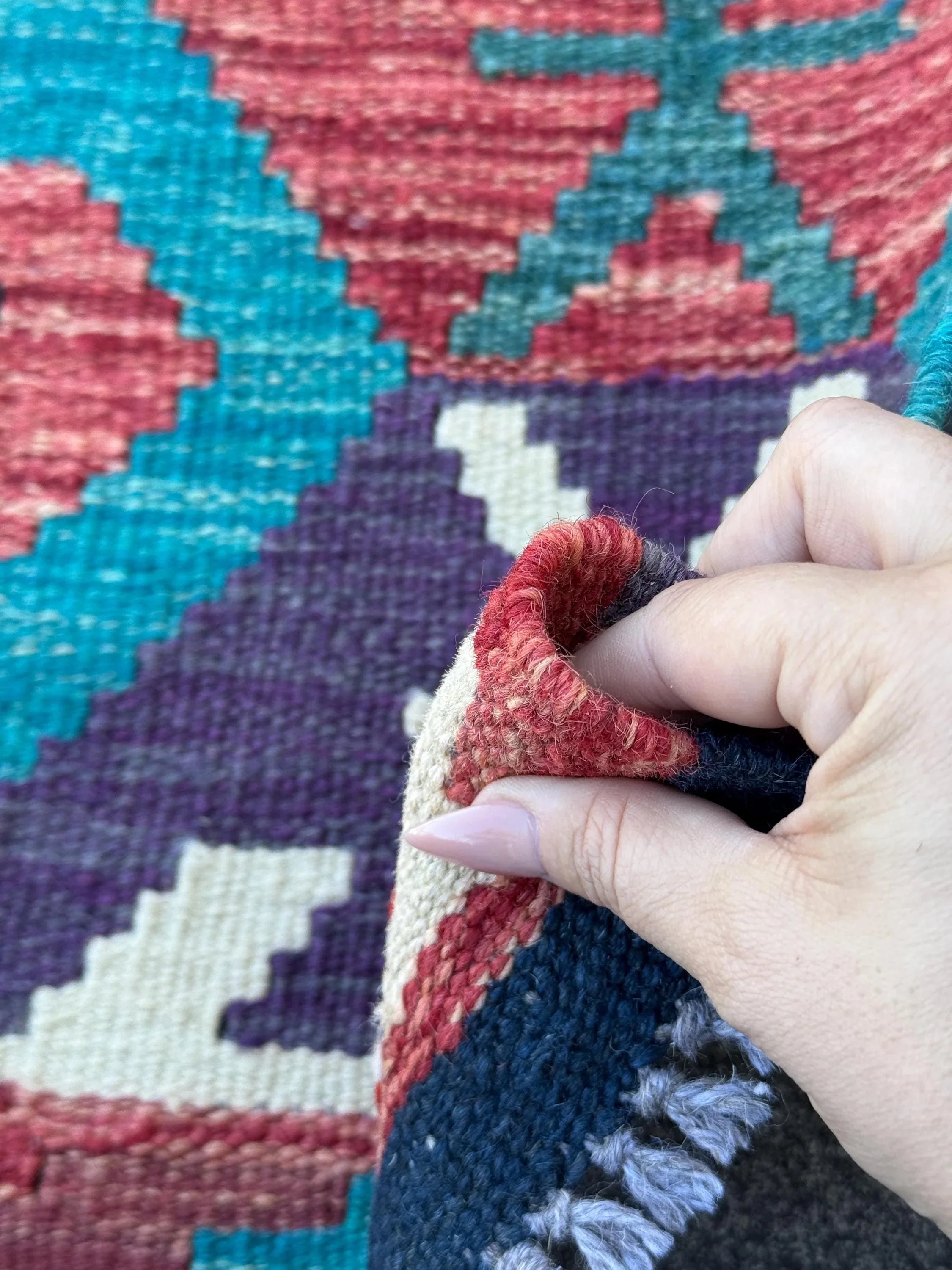 3x4 Handmade Afghan Kilim Rug | Teal Turquoise Eggplant Purple Cream White Brick Auburn Rose Scarlet Red Olive Green Denim Navy Blue | Wool