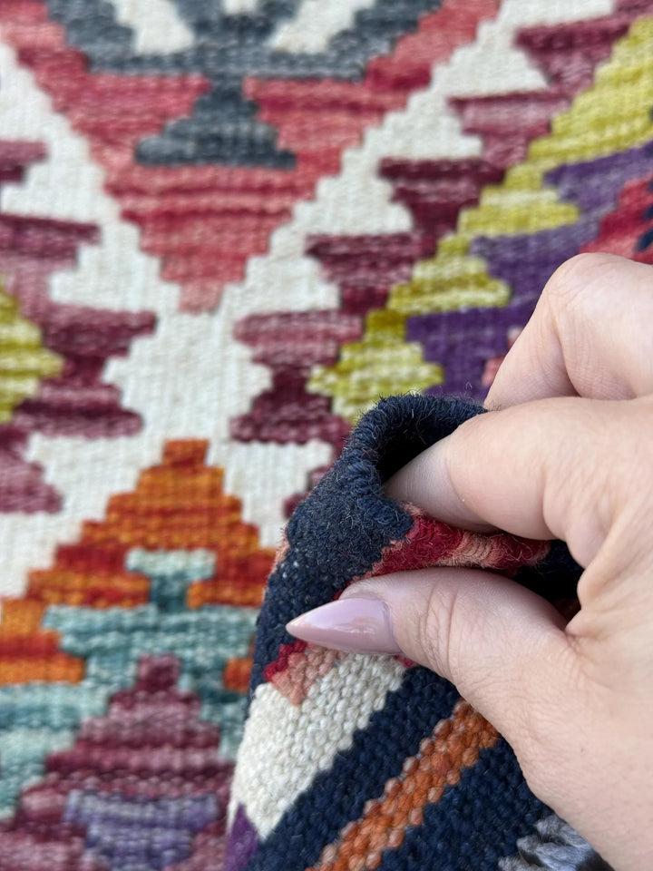 2x5 Handmade Afghan Kilim Runner Rug | Midnight Aqua Prussian Blue Olive Moss Green Teal Brick Red Grey Cream White Black Orange Purple