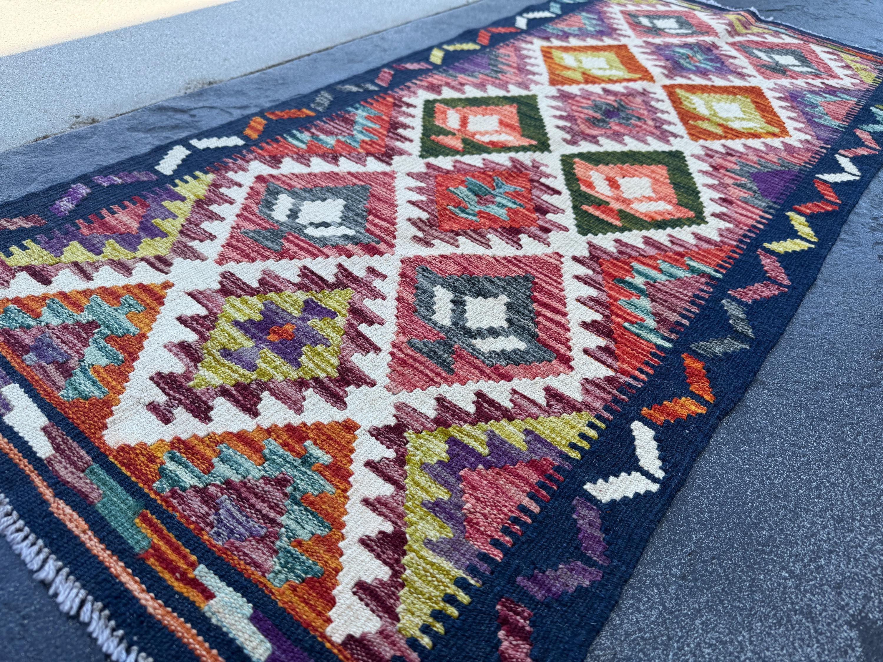 2x5 Handmade Afghan Kilim Runner Rug | Midnight Aqua Prussian Blue Olive Moss Green Teal Brick Red Grey Cream White Black Orange Purple