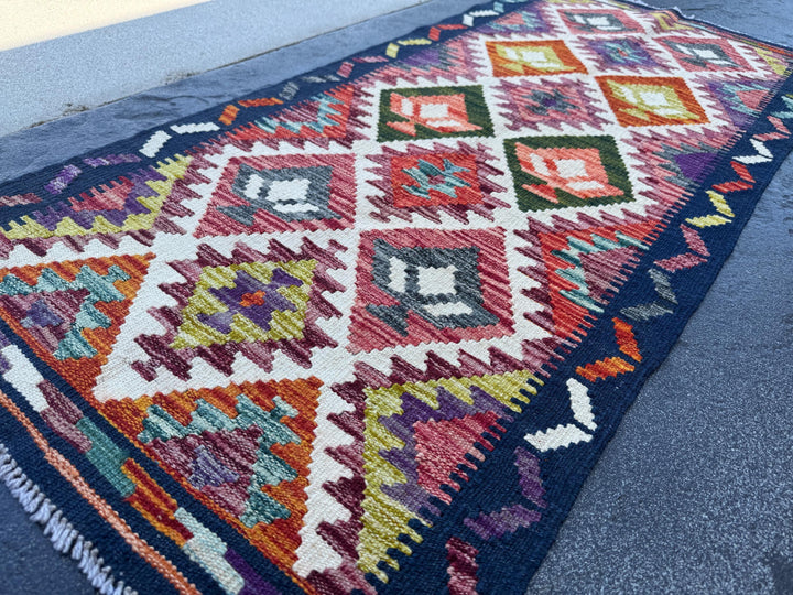 2x5 Handmade Afghan Kilim Runner Rug | Midnight Aqua Prussian Blue Olive Moss Green Teal Brick Red Grey Cream White Black Orange Purple