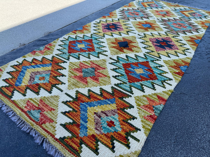 2x5 Handmade Afghan Kilim Runner Rug | Cream White Mustard Yellow Aqua Burnt Orange Rust Red Denim Royal Blue Maroon Moss Green Grey | Wool