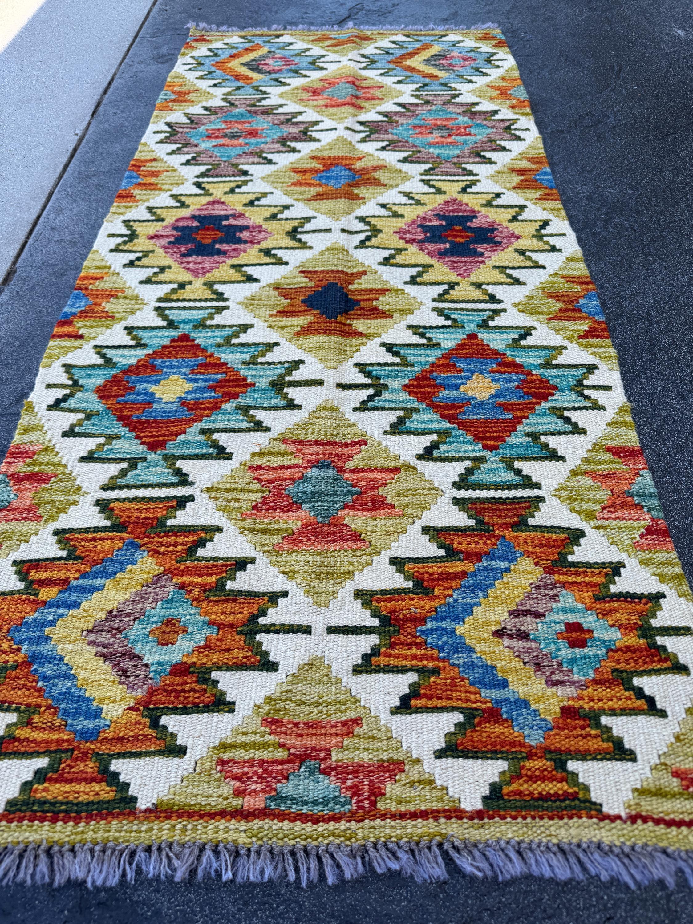2x5 Handmade Afghan Kilim Runner Rug | Cream White Mustard Yellow Aqua Burnt Orange Rust Red Denim Royal Blue Maroon Moss Green Grey | Wool