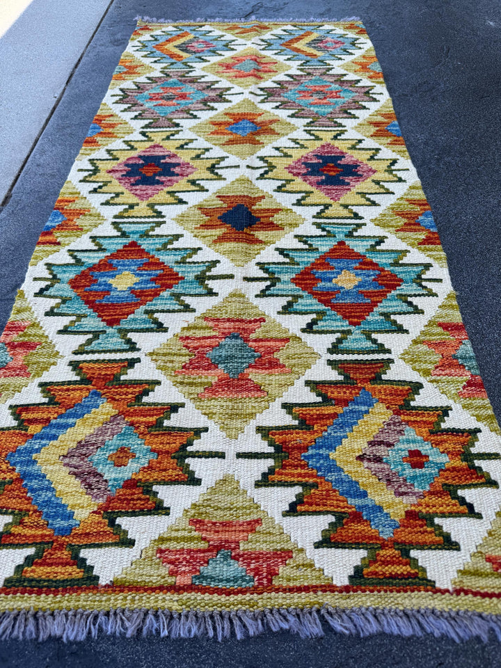 2x5 Handmade Afghan Kilim Runner Rug | Cream White Mustard Yellow Aqua Burnt Orange Rust Red Denim Royal Blue Maroon Moss Green Grey | Wool