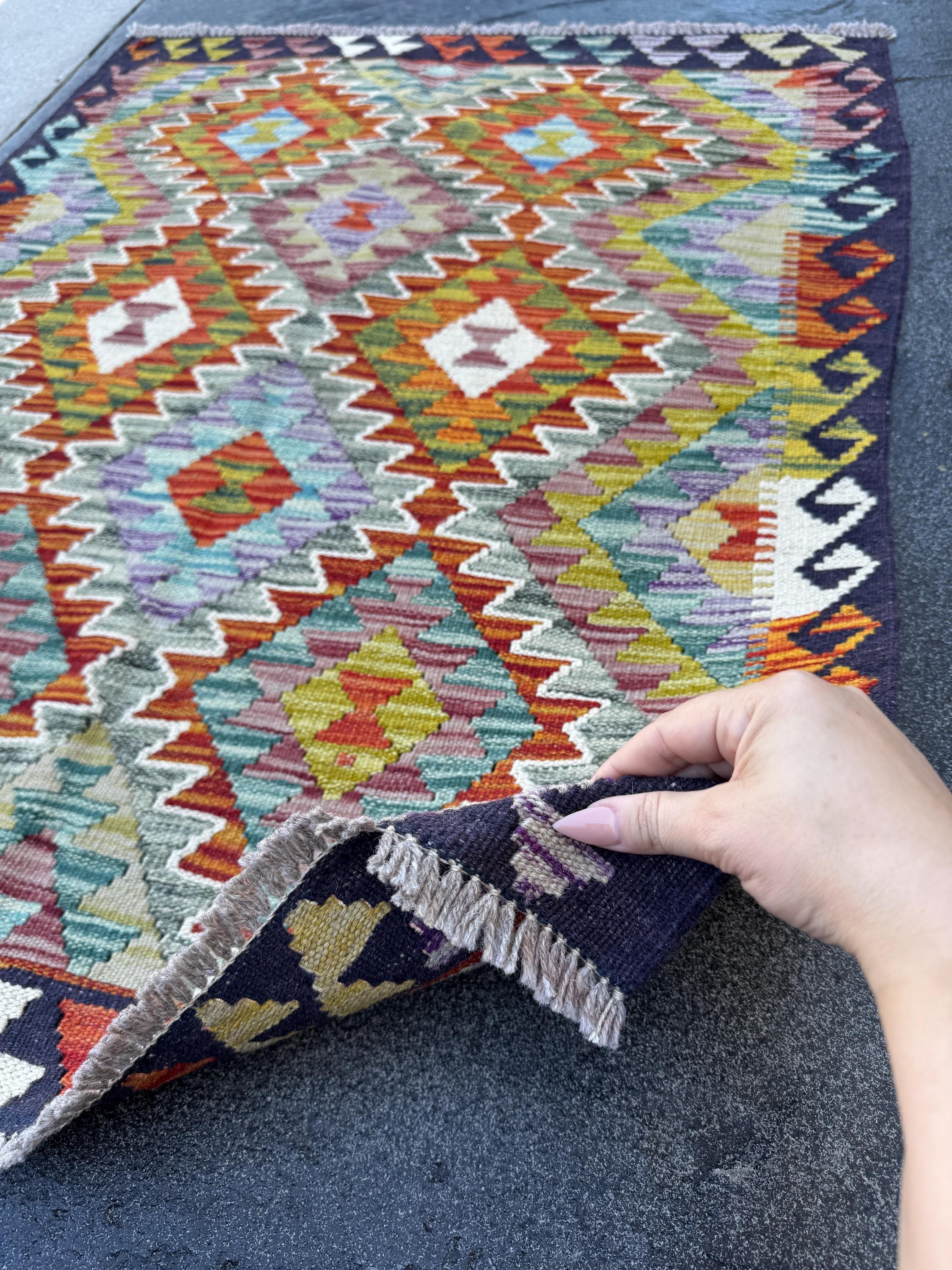 3x3 Handmade Afghan Kilim Rug | Midnight Navy Aqua Baby Blue Chartreuse Green Purple Rust Burnt Orange Crimson Red White Cream Grey | Wool