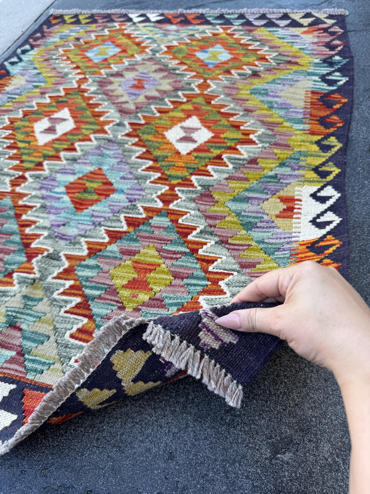 3x3 Handmade Afghan Kilim Rug | Midnight Navy Aqua Baby Blue Chartreuse Green Purple Rust Burnt Orange Crimson Red White Cream Grey | Wool