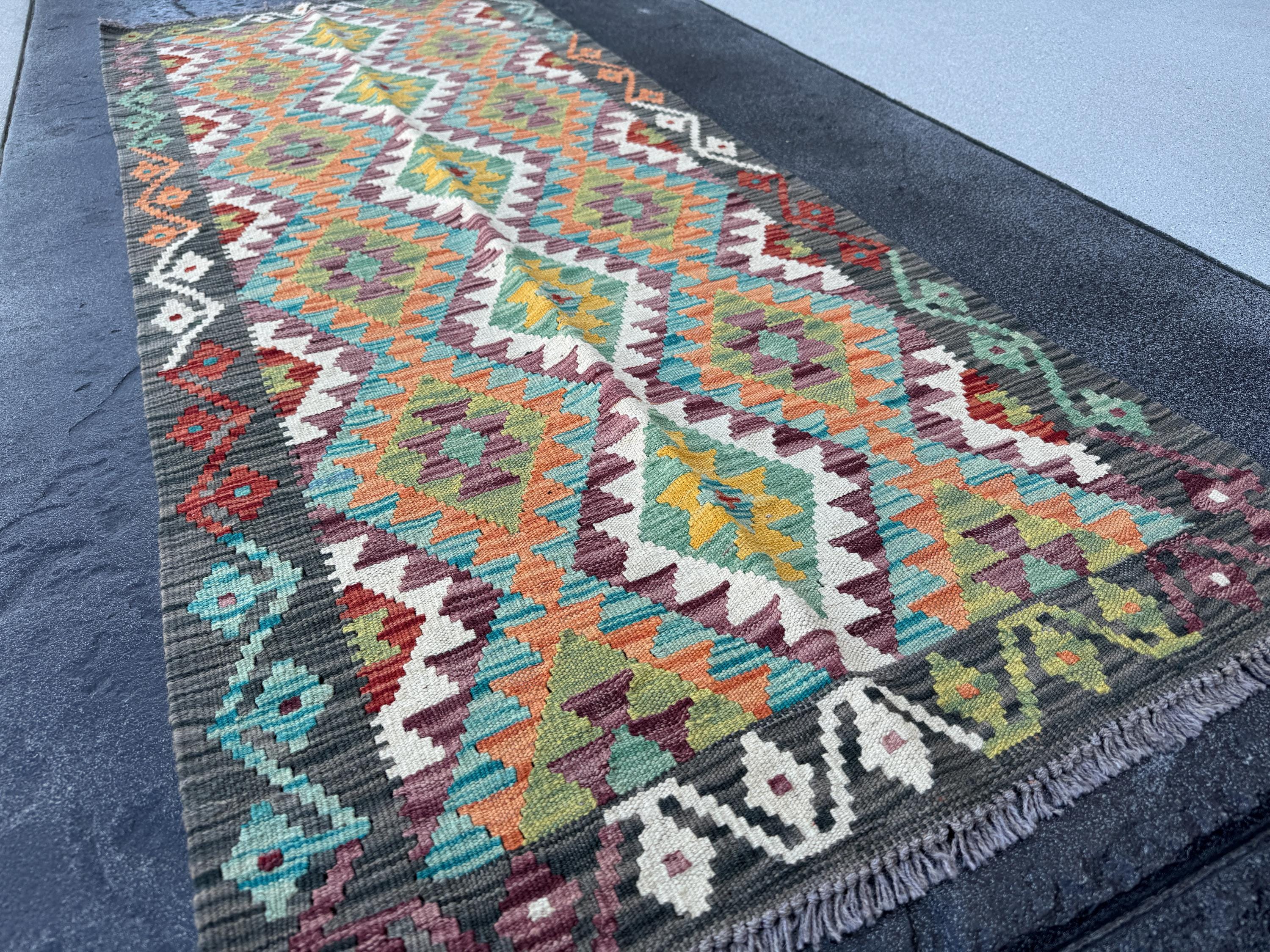3x7 (100x200) Handmade Afghan Kilim Runner Rug | Charcoal Grey Eggplant Purple Teal Cream Orange Mustard Olive Moss Green | Wool Turkish