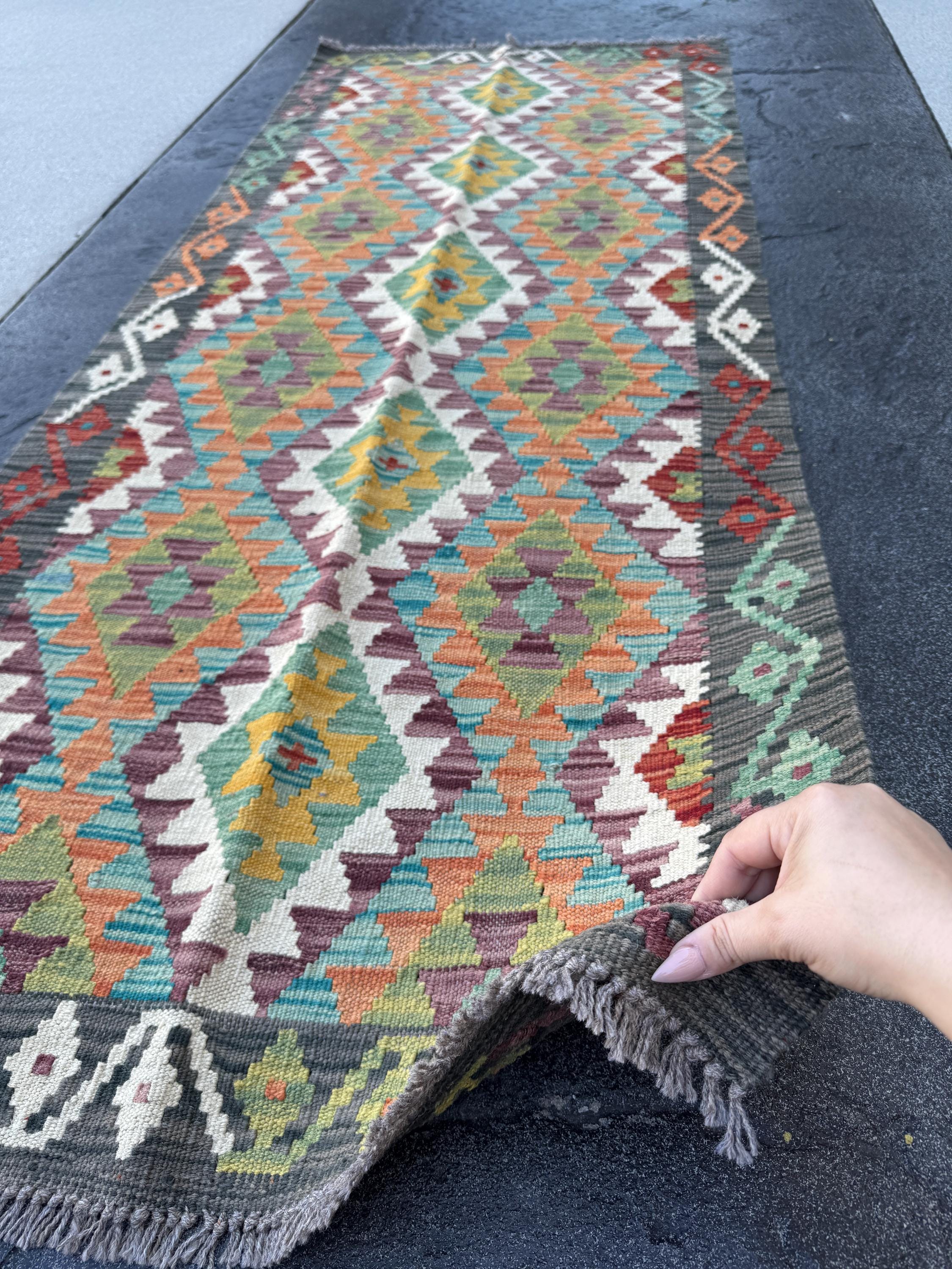 3x7 (100x200) Handmade Afghan Kilim Runner Rug | Charcoal Grey Eggplant Purple Teal Cream Orange Mustard Olive Moss Green | Wool Turkish