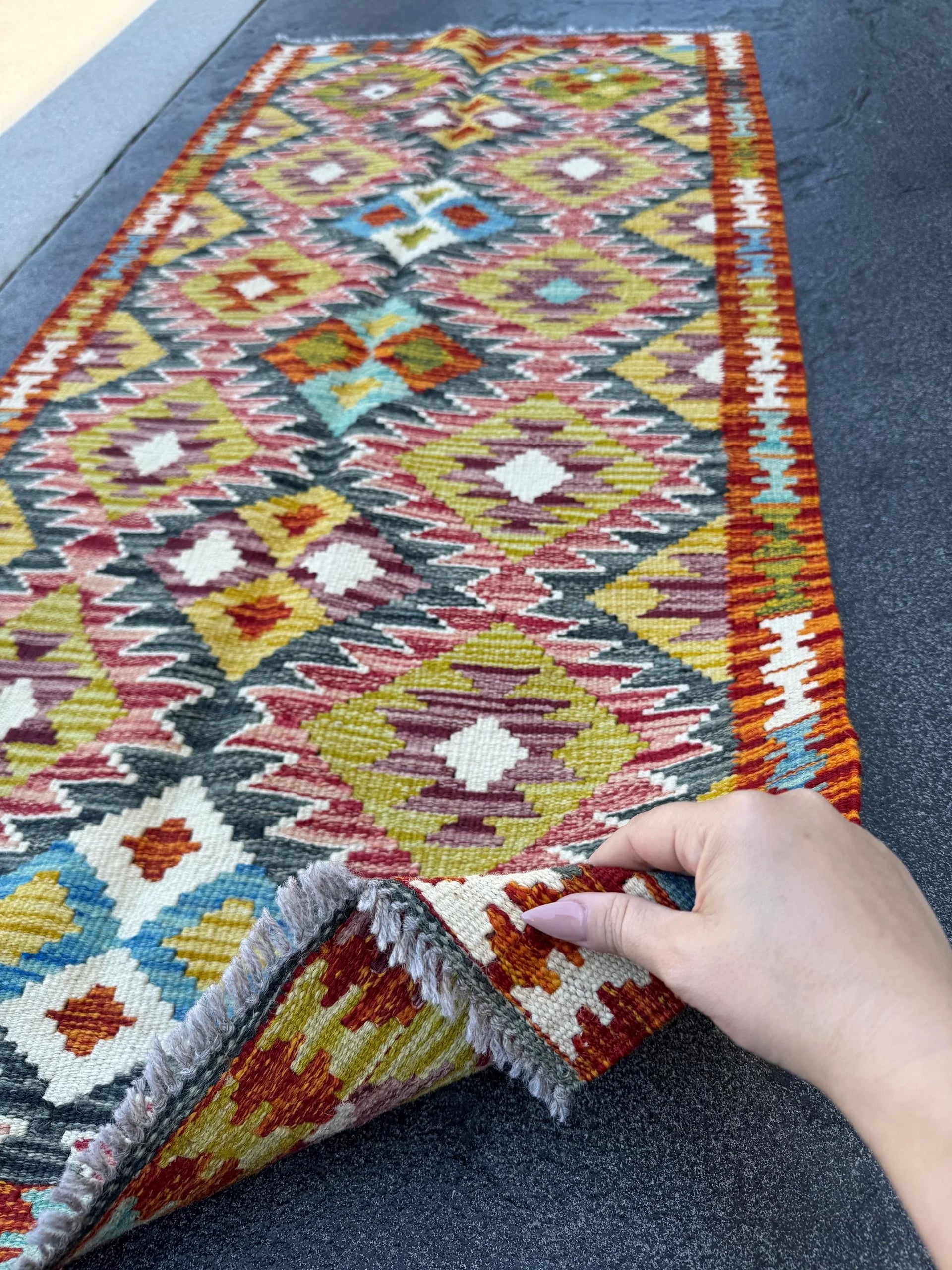 2x5 Handmade Afghan Kilim Runner Rug | Burnt Orange Maroon Brick Blood Red Chartreuse Green Teal Prussian Denim Sky Blue White Cream Purple