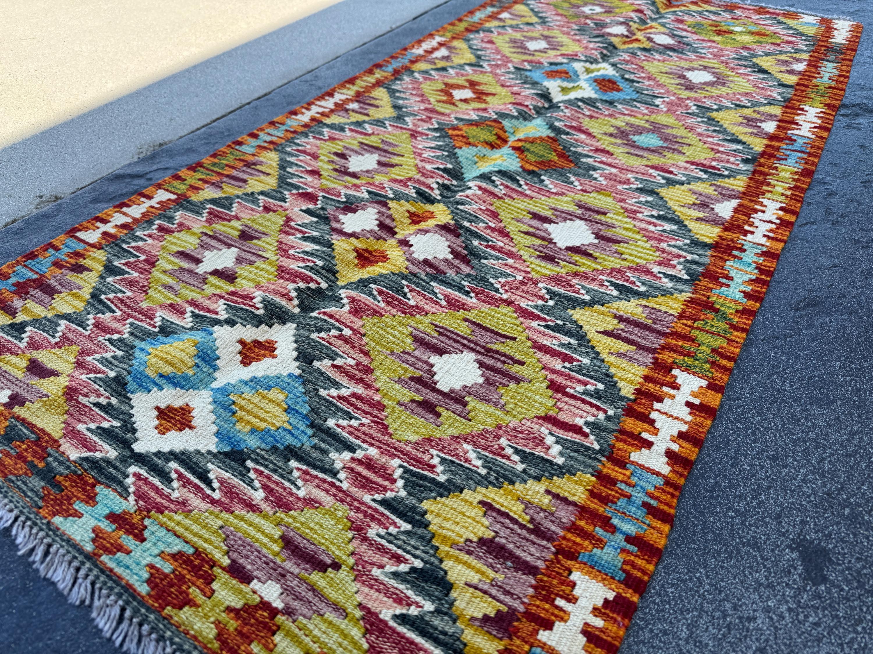 2x5 Handmade Afghan Kilim Runner Rug | Burnt Orange Maroon Brick Blood Red Chartreuse Green Teal Prussian Denim Sky Blue White Cream Purple