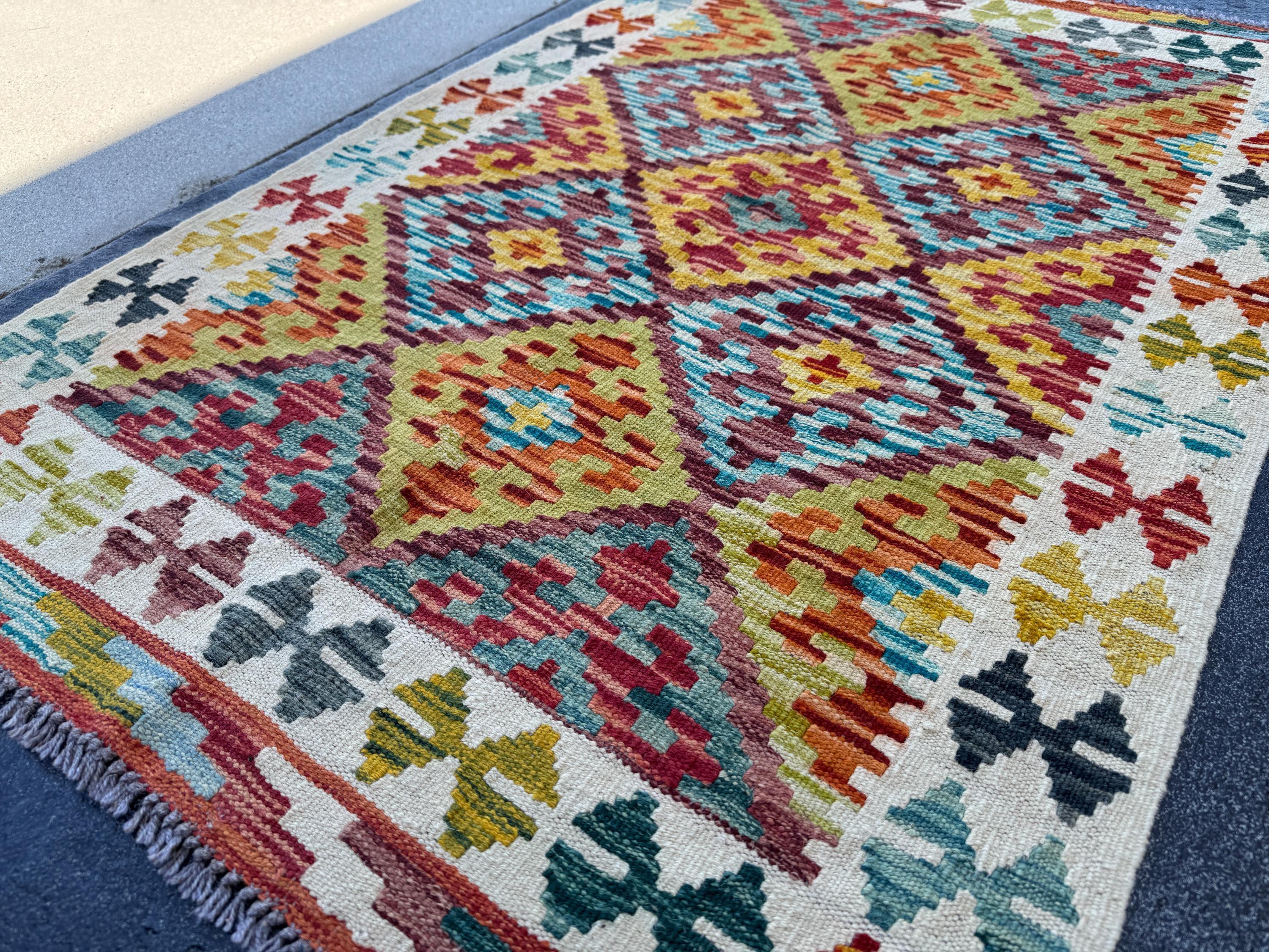 3x5 (91x152) Handmade Afghan Kilim Rug | Cream White Navy Denim Aqua Blue Moss Olive Green Purple Maroon Brick Red Teal Yellow Orange | Wool