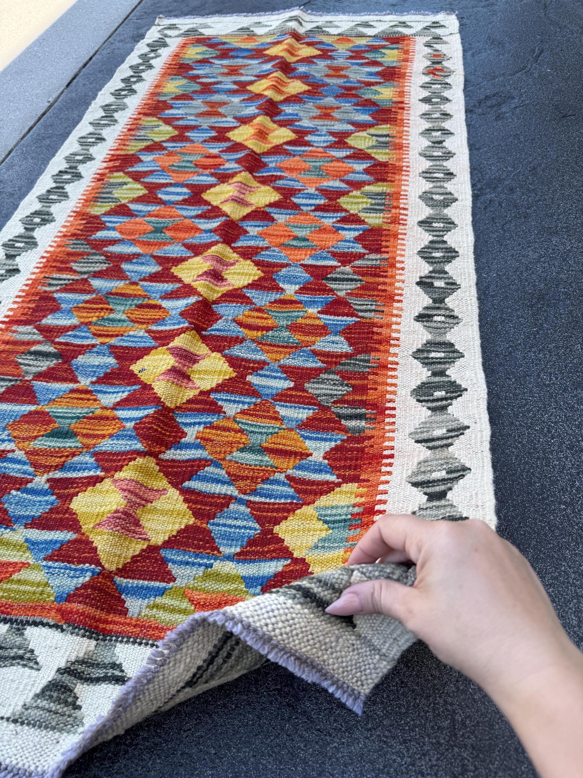 2x5 (61x152) Handmade Afghan Kilim Runner Rug | Cream White Grey Moss Olive Green Burnt Orange Blood Crimson Red Denim Blue Yellow | Wool