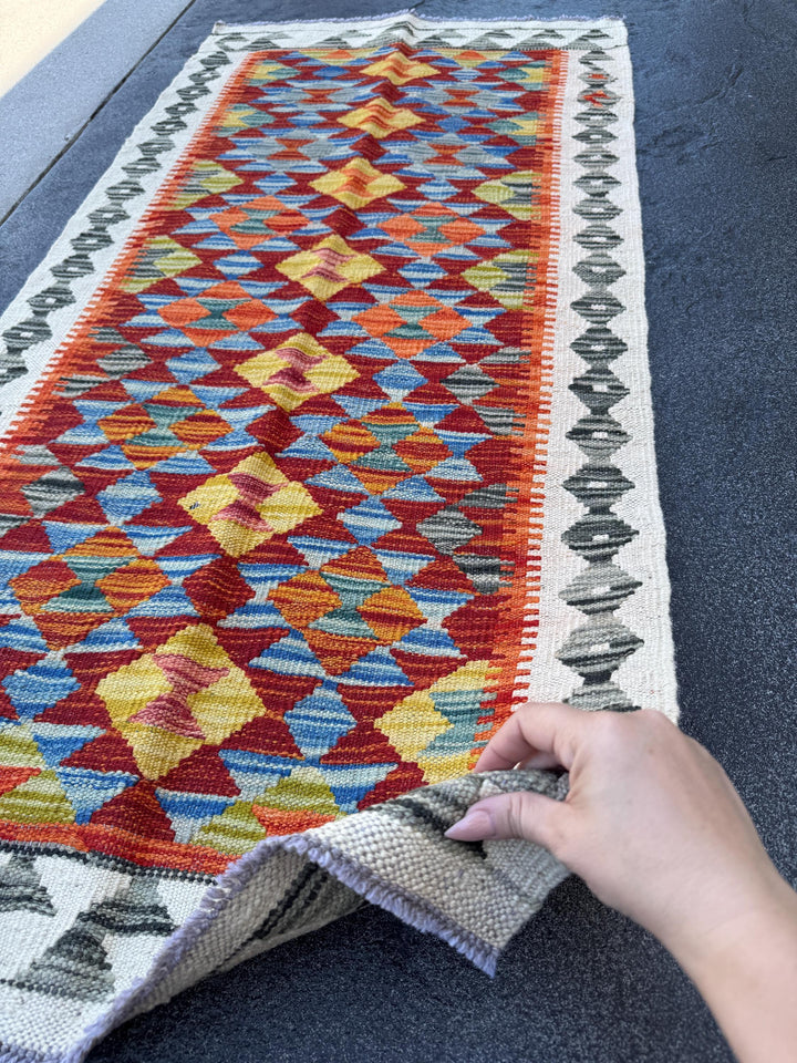 2x5 (61x152) Handmade Afghan Kilim Runner Rug | Cream White Grey Moss Olive Green Burnt Orange Blood Crimson Red Denim Blue Yellow | Wool