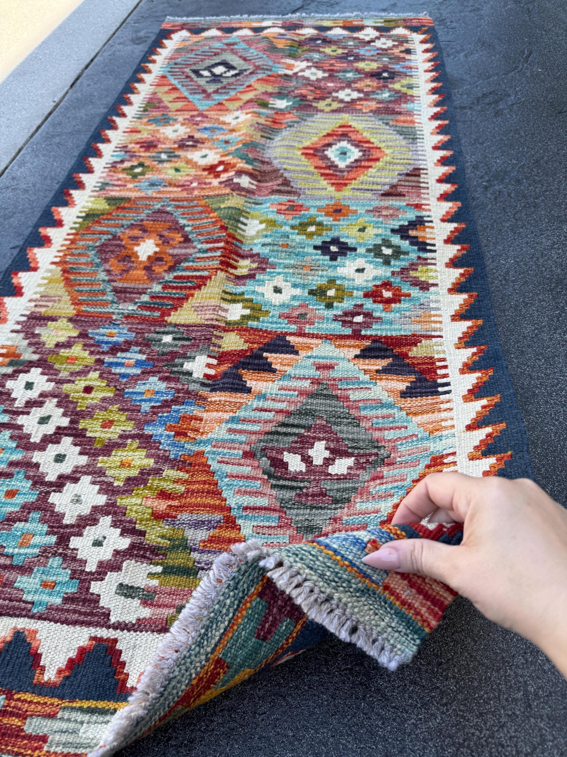 2x5 Handmade Afghan Kilim Rug | Navy Midnight Denim Teal Aqua Blue Burnt Orange Brick Burgundy Red White Cream Plum Purple Grey Black Yellow