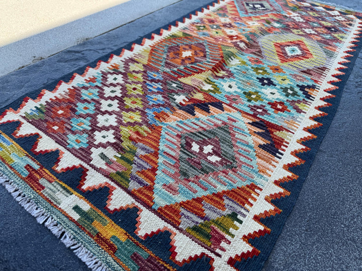 2x5 Handmade Afghan Kilim Rug | Navy Midnight Denim Teal Aqua Blue Burnt Orange Brick Burgundy Red White Cream Plum Purple Grey Black Yellow