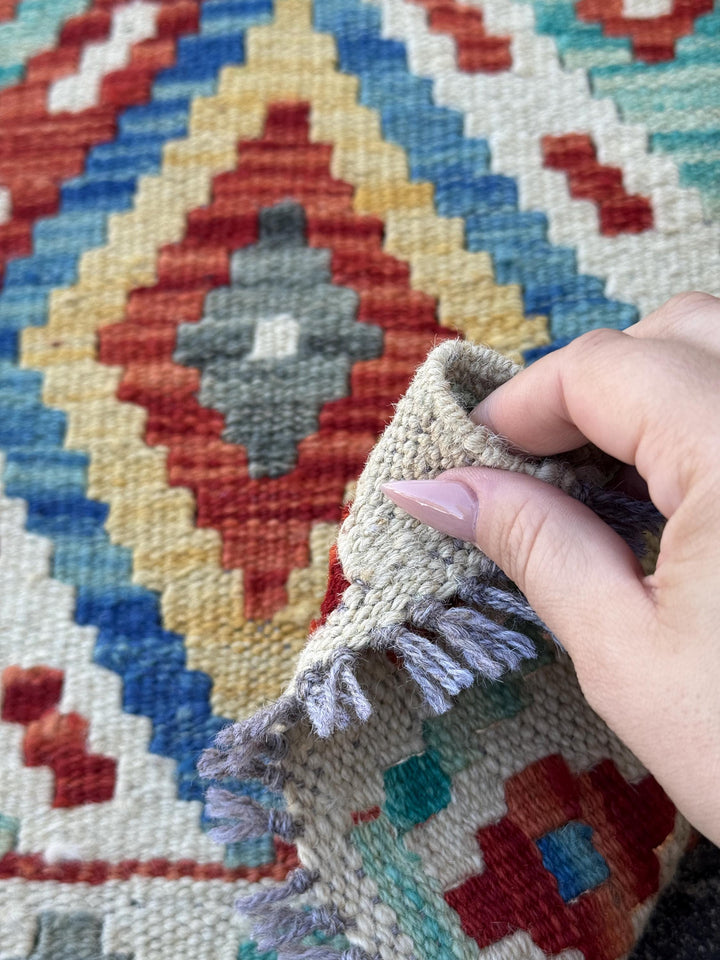 3x7 (100x200) Handmade Afghan Kilim Runner Rug | Cream Blood Red Denim Blue Turquoise Ivory Teal Grey Mustard Yellow | Wool Turkish