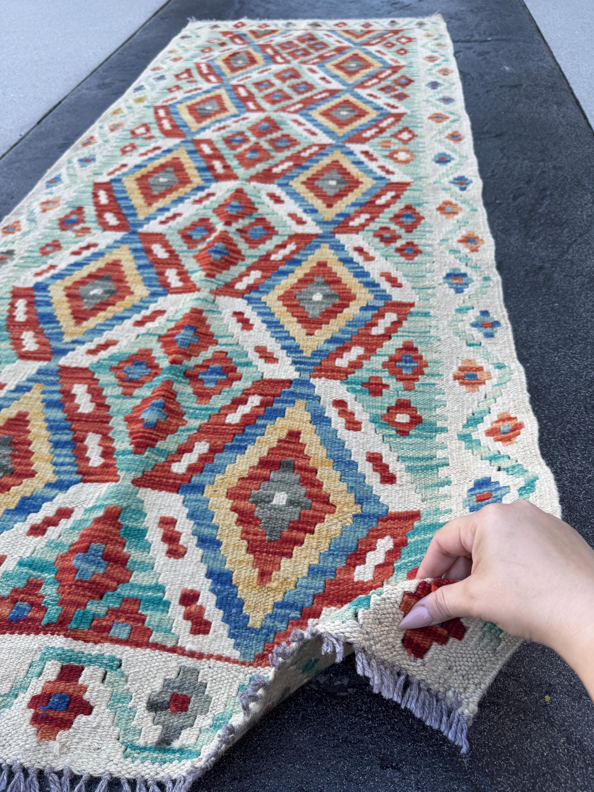 3x7 (100x200) Handmade Afghan Kilim Runner Rug | Cream Blood Red Denim Blue Turquoise Ivory Teal Grey Mustard Yellow | Wool Turkish