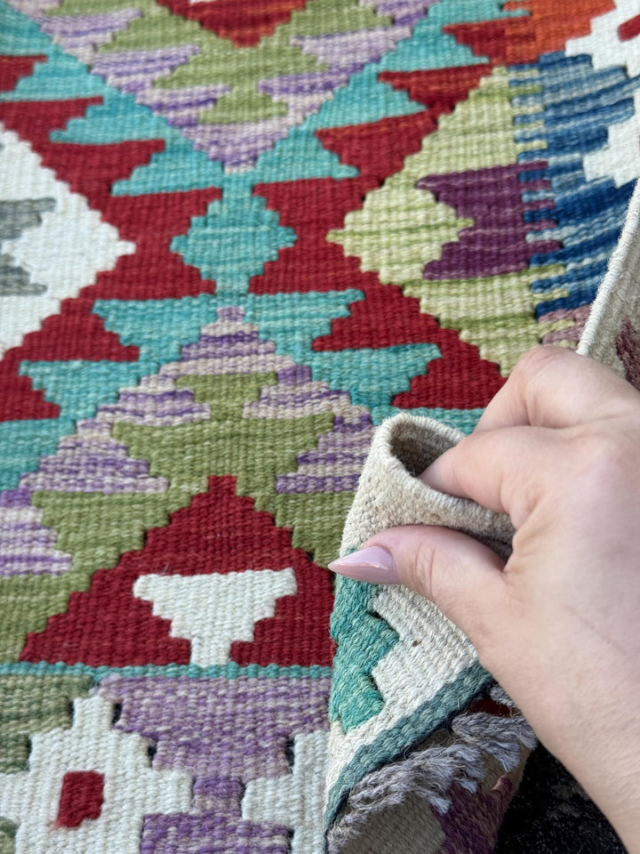 3x7 (100x200) Handmade Afghan Kilim Runner Rug | Cream Ivory Blood Red Denim Blue Turquoise Teal Grey Moss Green Orange | Wool Turkish