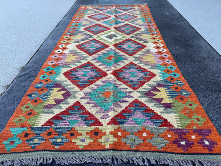 3x7 (100x200) Handmade Afghan Kilim Runner Rug | Cream Blood Red Orange Purple Denim Navy Blue Teal Grey Moss Green Ivory | Wool Turkish
