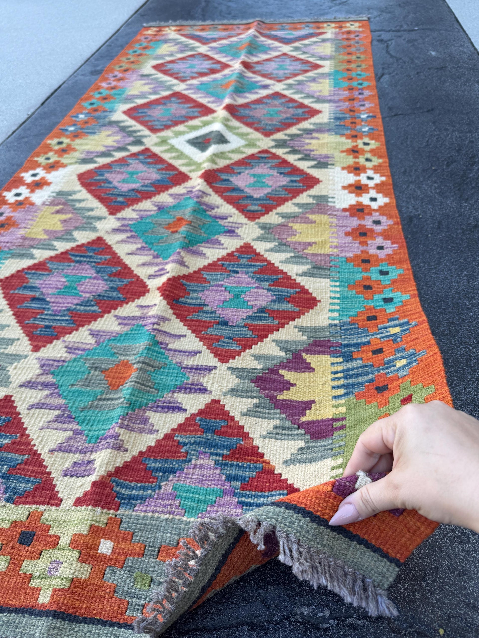 3x7 (100x200) Handmade Afghan Kilim Runner Rug | Cream Blood Red Orange Purple Denim Navy Blue Teal Grey Moss Green Ivory | Wool Turkish