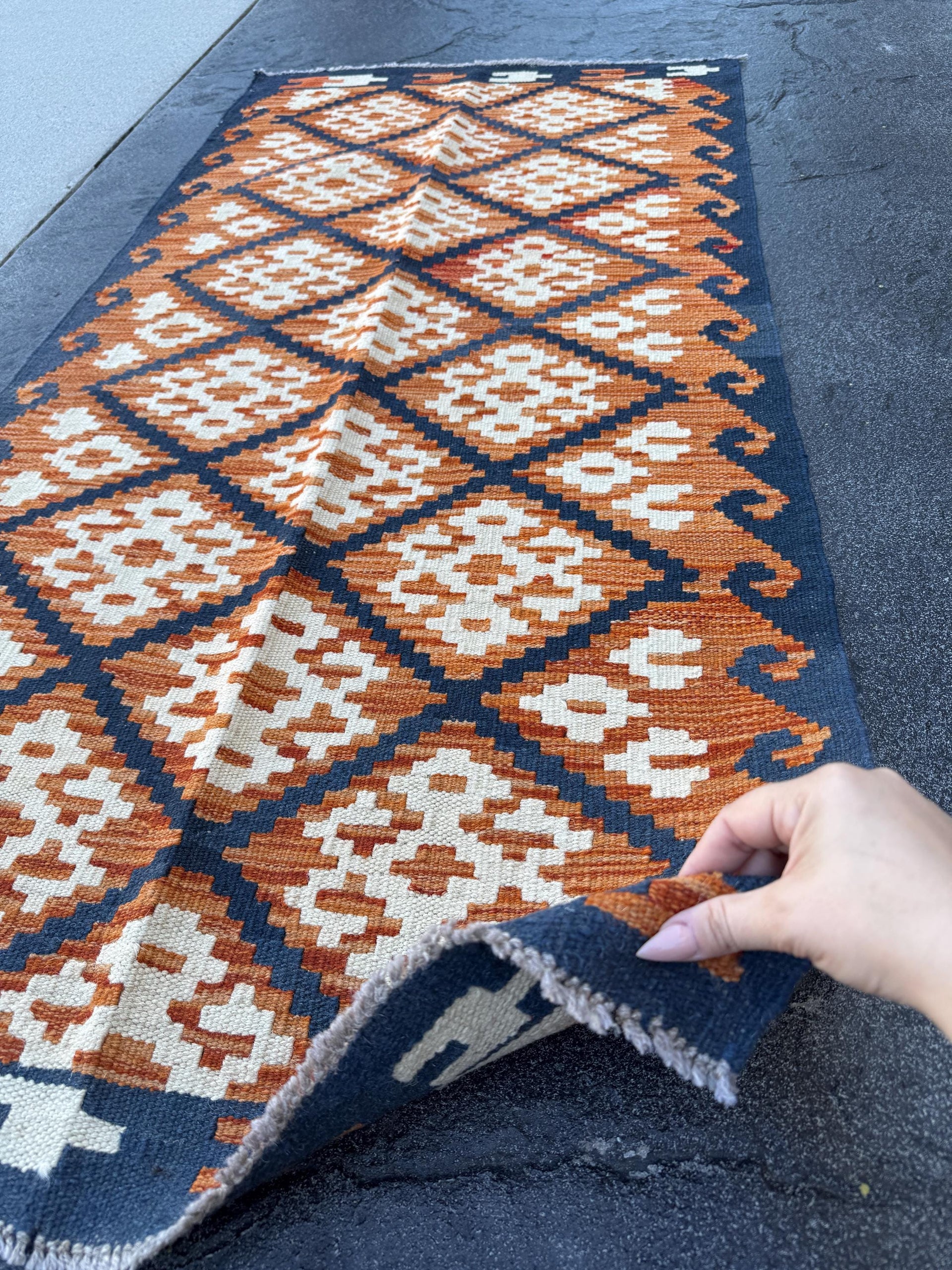 3x5 (91x152) Handmade Afghan Kilim Rug | Fire Rust Orange Cream Charcoal Black | Wool Turkish