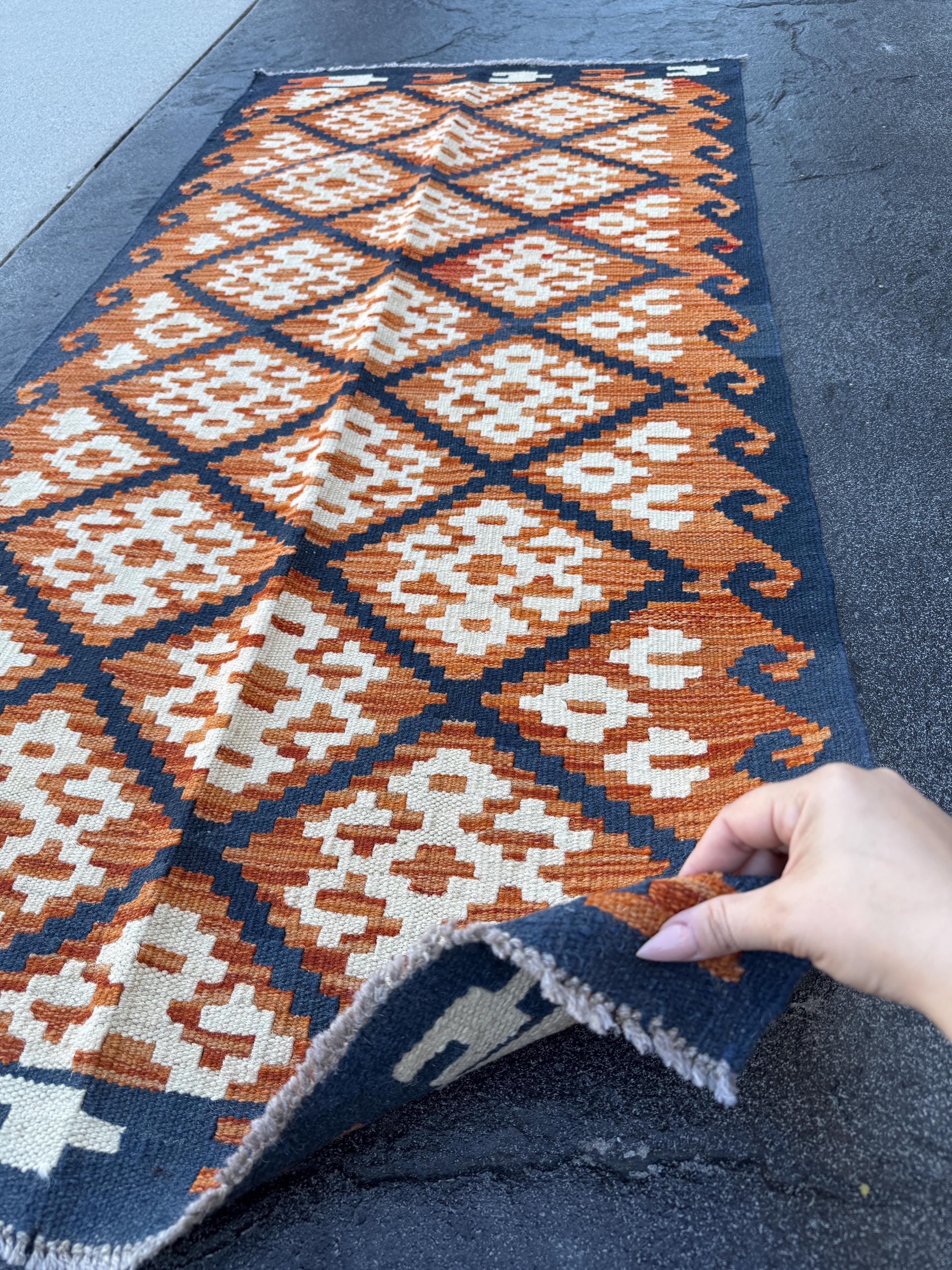 3x5 (91x152) Handmade Afghan Kilim Rug | Fire Rust Orange Cream Charcoal Black | Wool Turkish