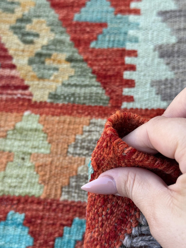 3x7 (100x200) Handmade Afghan Kilim Runner Rug | Brick Red Orange Cream Beige Teal Grey Moss Olive Green Ivory Mustard | Wool Turkish