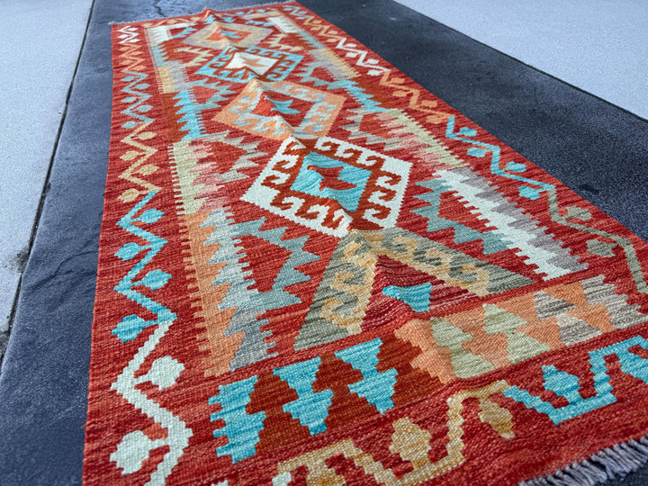 3x7 (100x200) Handmade Afghan Kilim Runner Rug | Brick Red Orange Cream Beige Teal Grey Moss Olive Green Ivory Mustard | Wool Turkish