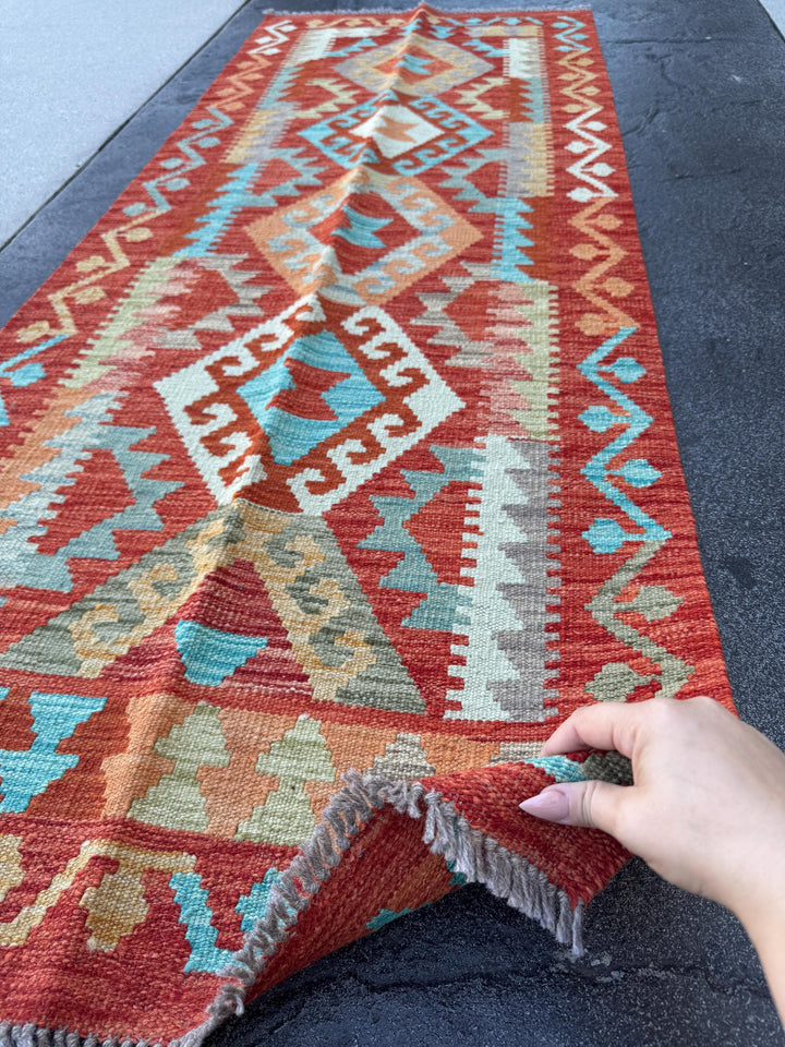 3x7 (100x200) Handmade Afghan Kilim Runner Rug | Brick Red Orange Cream Beige Teal Grey Moss Olive Green Ivory Mustard | Wool Turkish
