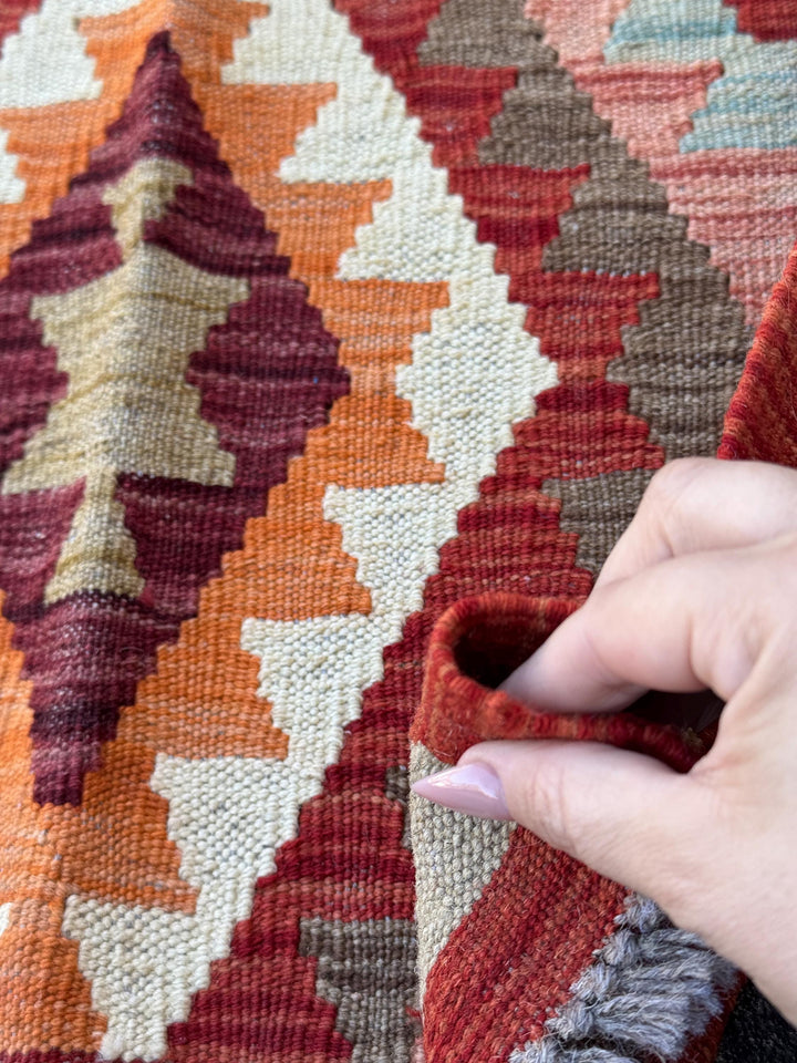 2x7 Handmade Afghan Kilim Runner Rug | Blood Brick Red Maroon Orange Cream Moss Green Chocolate Brown Grey Denim | Wool Turkish