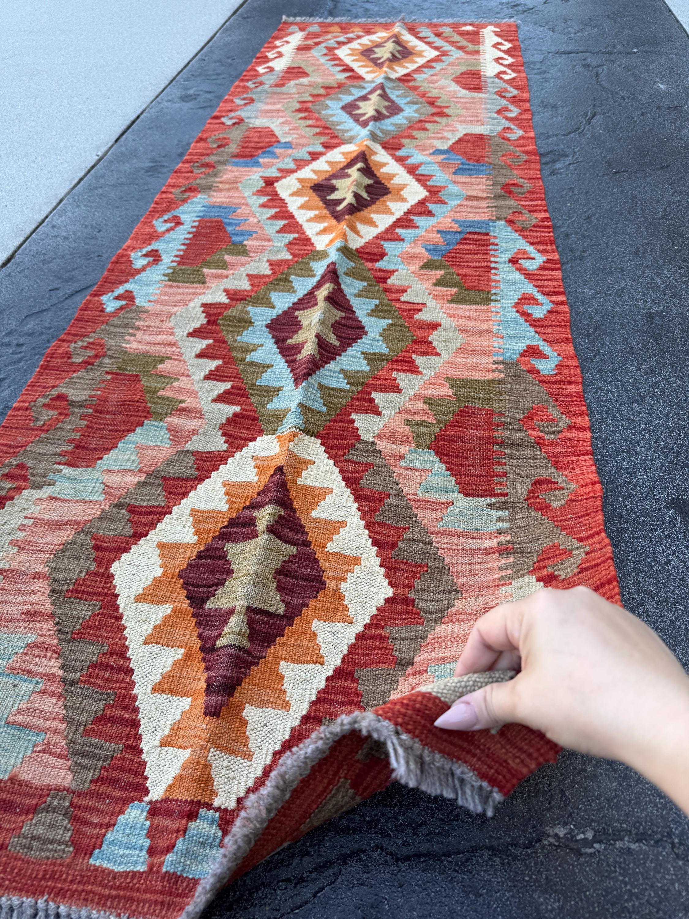 2x7 Handmade Afghan Kilim Runner Rug | Blood Brick Red Maroon Orange Cream Moss Green Chocolate Brown Grey Denim | Wool Turkish