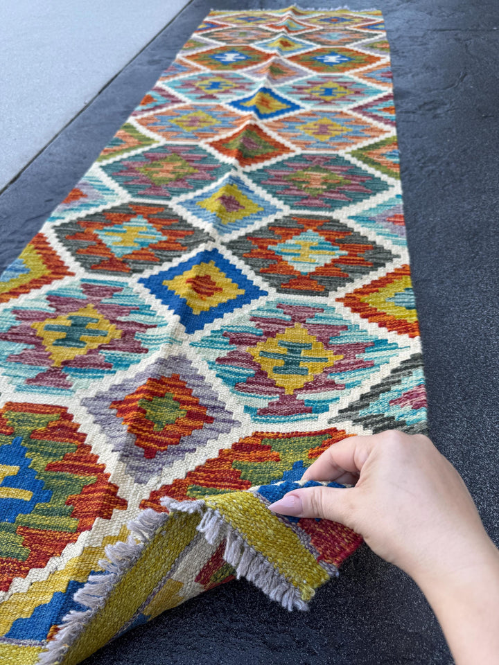 2x7 Handmade Afghan Kilim Runner Rug | Cream Grey Navy Blue Brick Orange Turquoise Maroon Moss Green Mustard Purple Ivory | Wool Turkish
